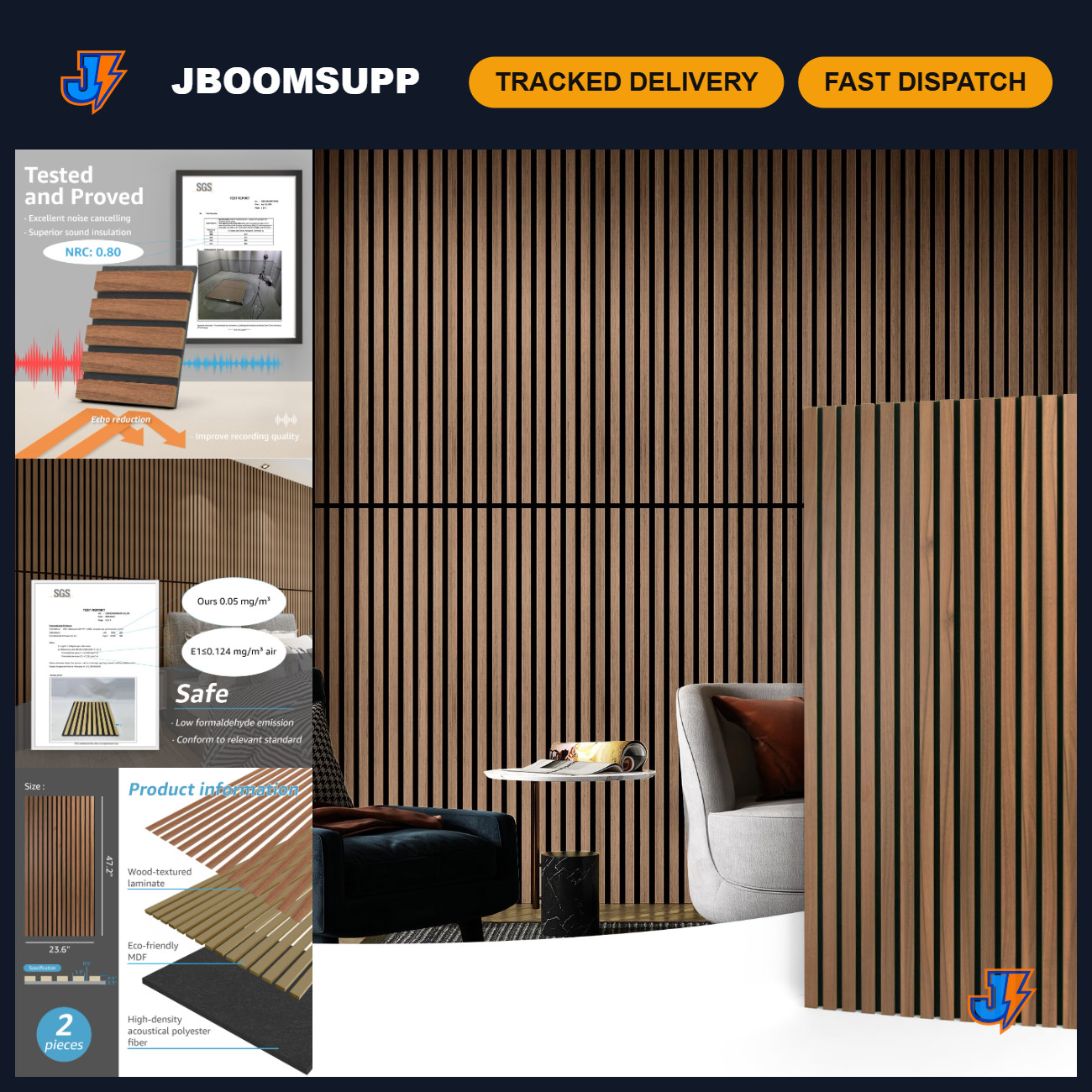 2-Pack Fluted Acoustic Wood Slat Wall Panels, 47.2\ 2-Pack Fluted Acoustic Wood Slat Wall Panels, 47.2\