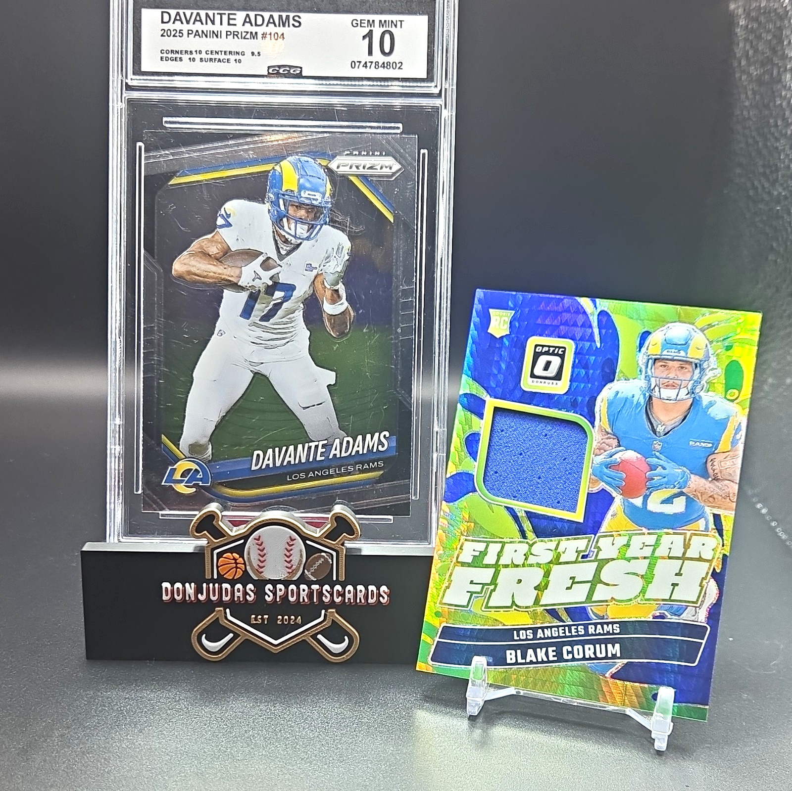 PANINI 2-Card Lot RAMS DAVANTE ADAMS PRIZM CCG10 #104/ BLAKE CORUM OPTIC FYF-BCM