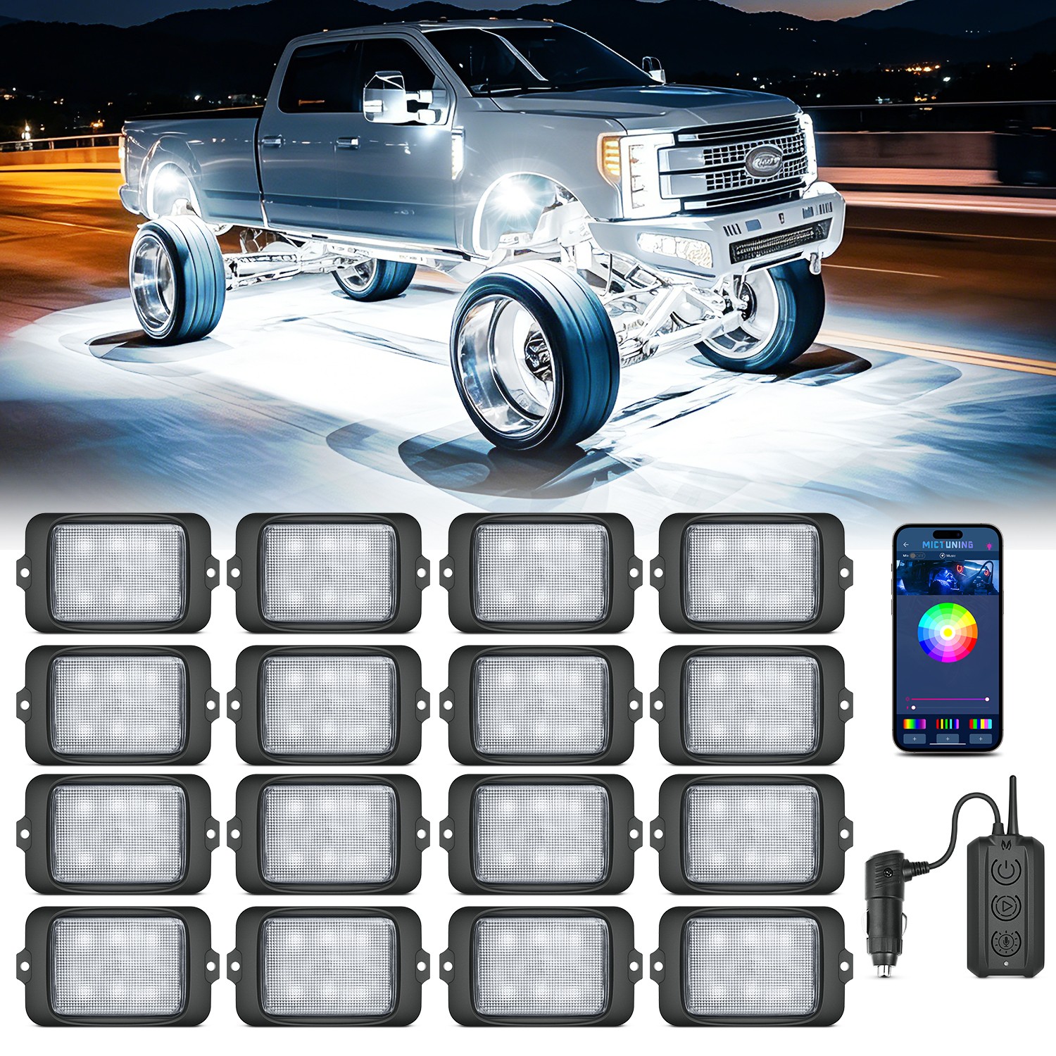 MICTUNING C3 RGBW LED Rock Lights-16 Pods Wireless Control Neon Underglow Lights MICTUNING C3 RGBW LED Rock Lights-16 Pods Wireless Control Neon Underglow Lights