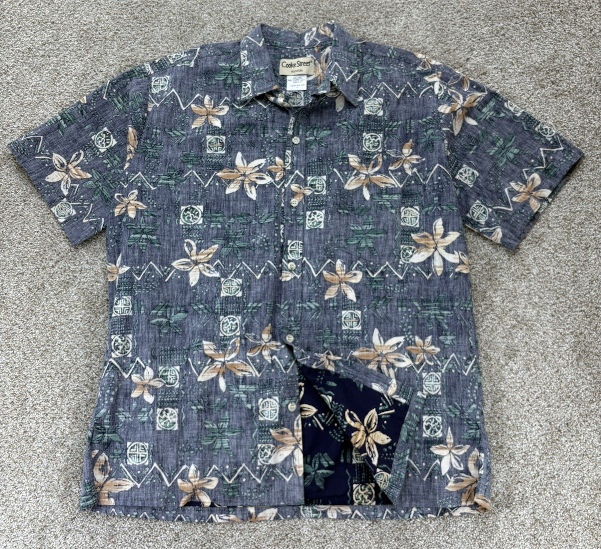 Vintage Cooke Street Honolulu Aloha Shirt Mens L Blue Plumeria Reverse Print USA