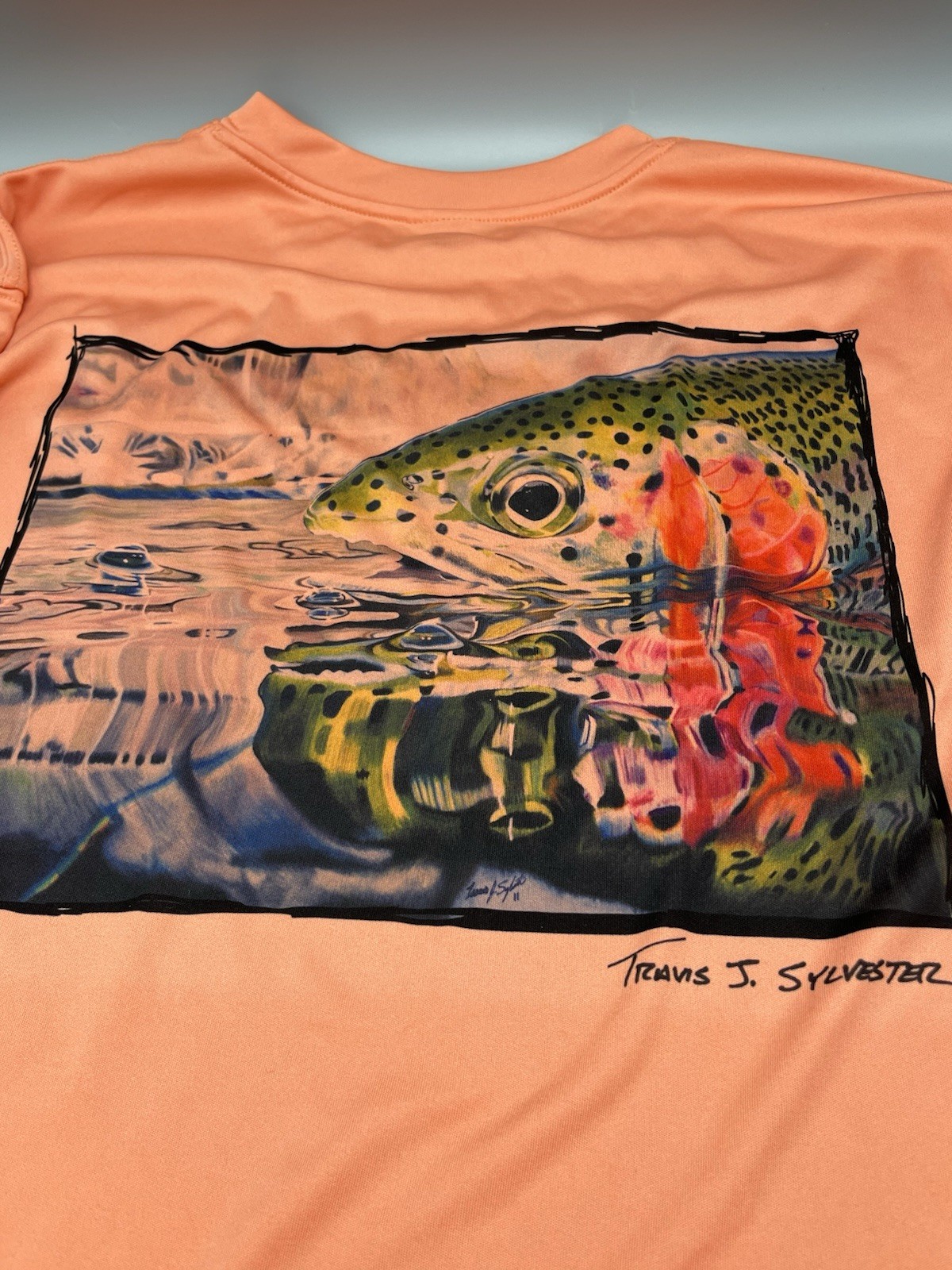 Fincognito Men\'s Sun Protective Fishing Shirt Peach Rainbow Trout - Size XL Fincognito Men\'s Sun Protective Fishing Shirt Peach Rainbow Trout - Size XL