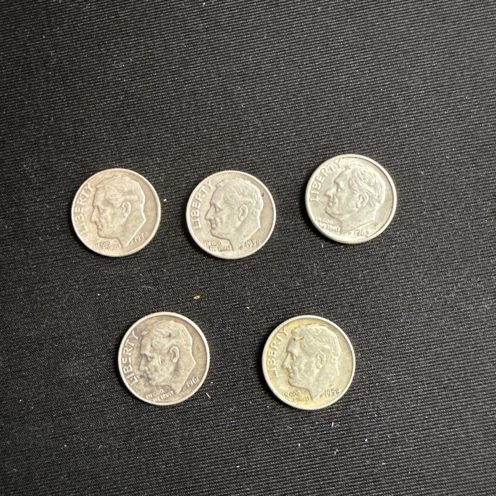 5 Silver Dimes 3 1958’s 1961 & 1962 50 Cents Five Dimes