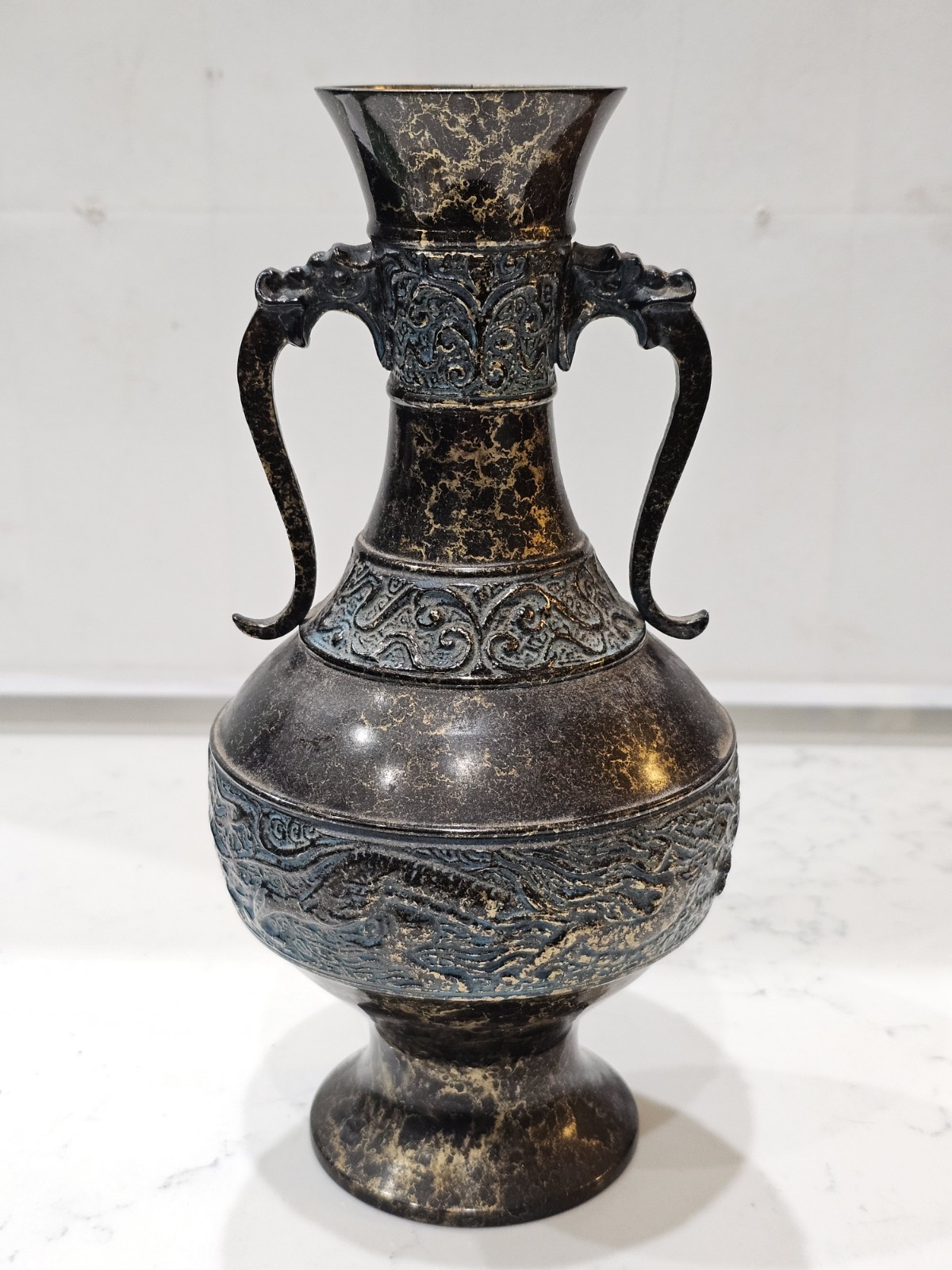 Antique 19th Century Korean Carved Bronze Brass Vase Foo Dog Handles 9