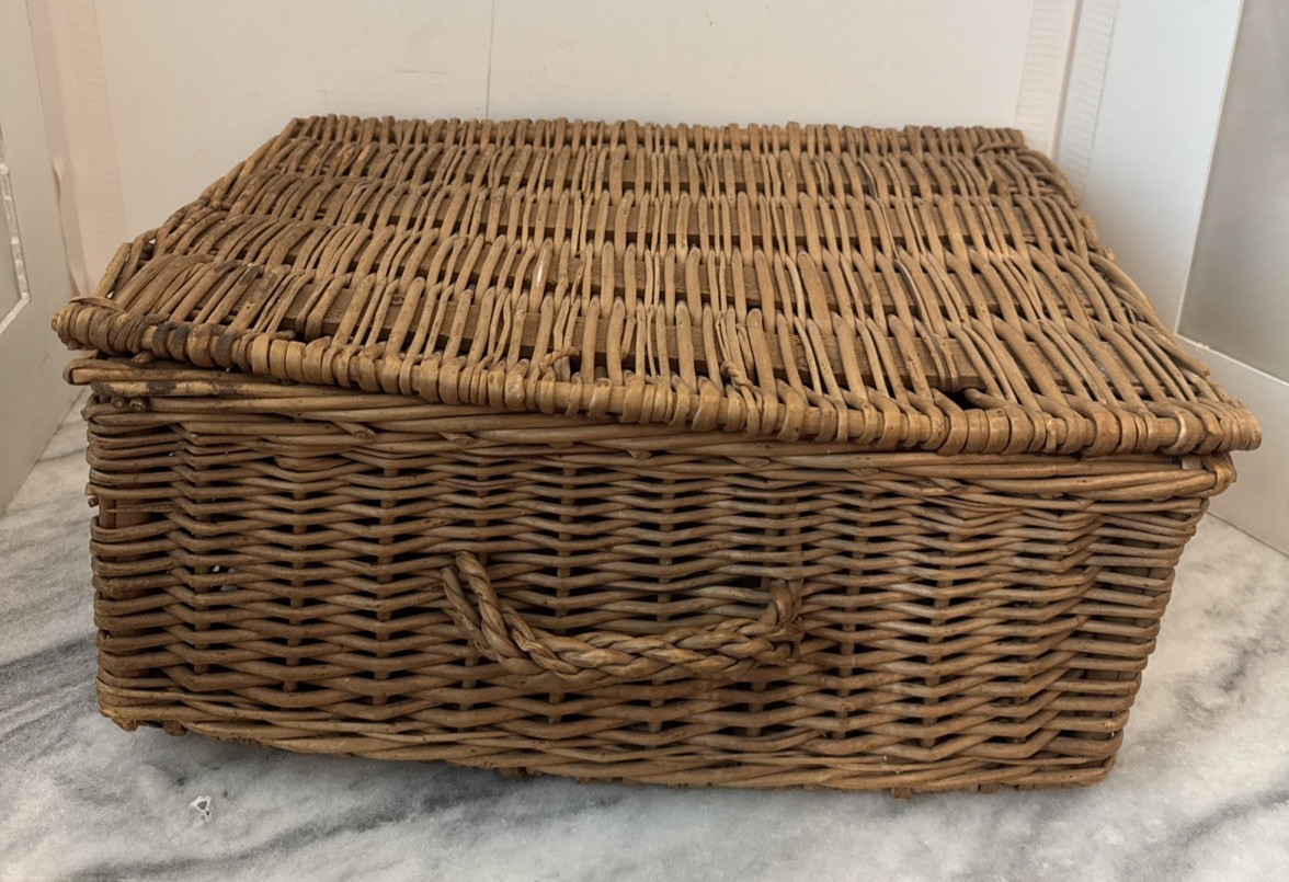 Antique Rectangular Lidded Brown Wicker Storage Basket Handwoven French Country