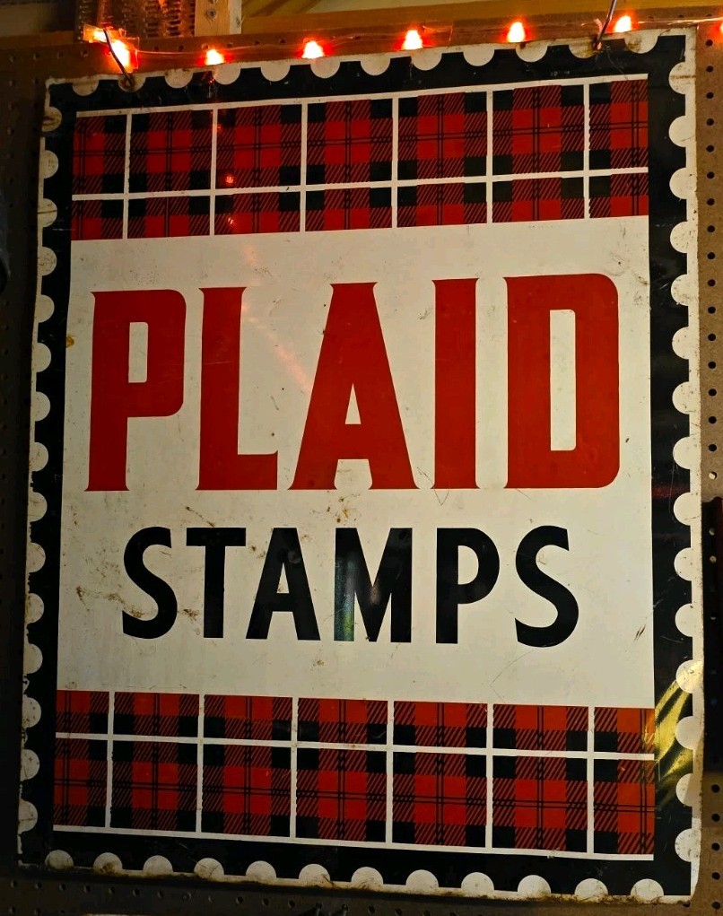 Vintage A&P Plaid Stamps Porcelain Advertising Sign Red Black Tartan Large Vintage A&P Plaid Stamps Porcelain Advertising Sign Red Black Tartan Large
