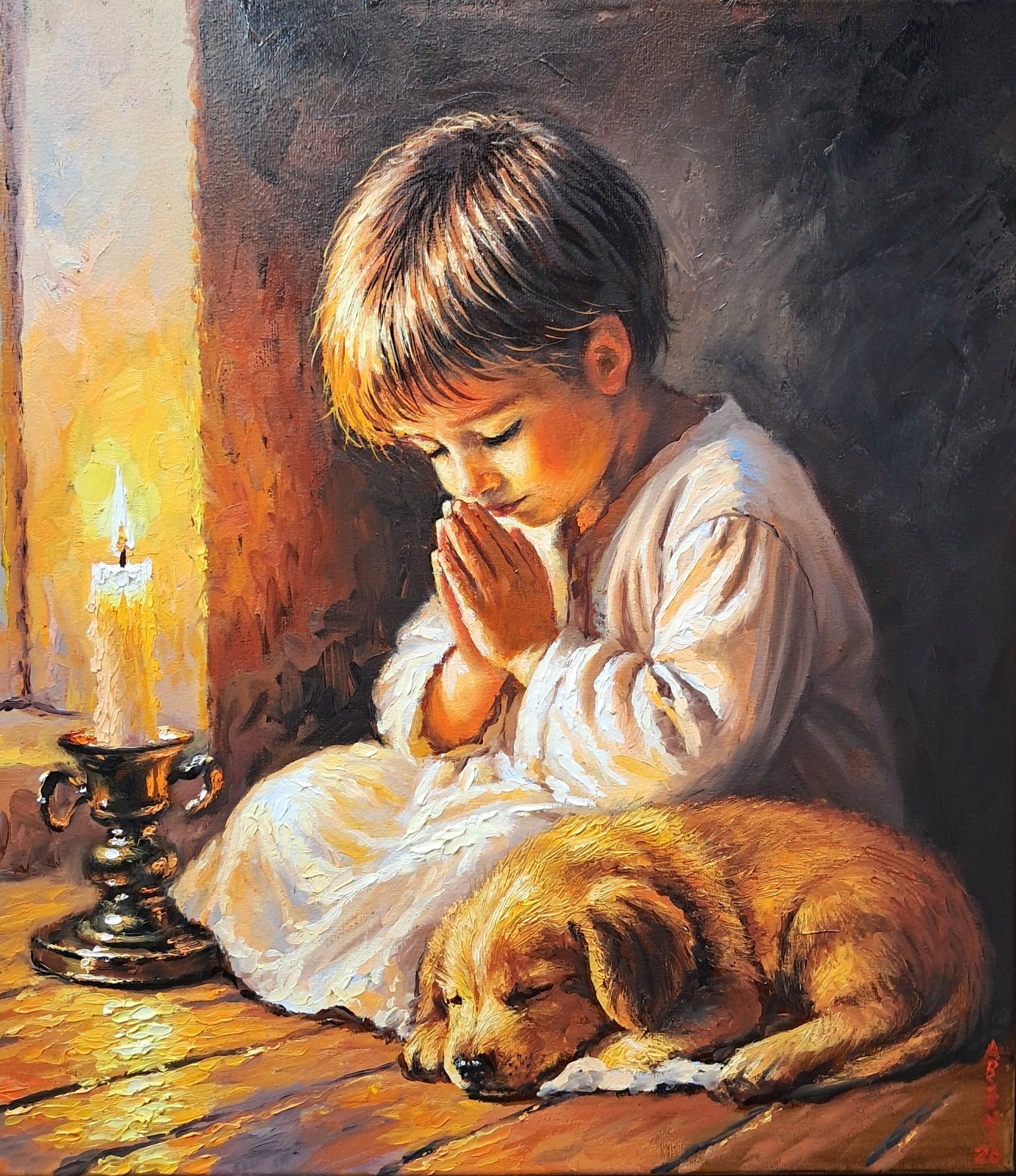 Silent Prayer II – Boy & Puppy Original Oil Painting 16 x 14 in (40 X 35cm)