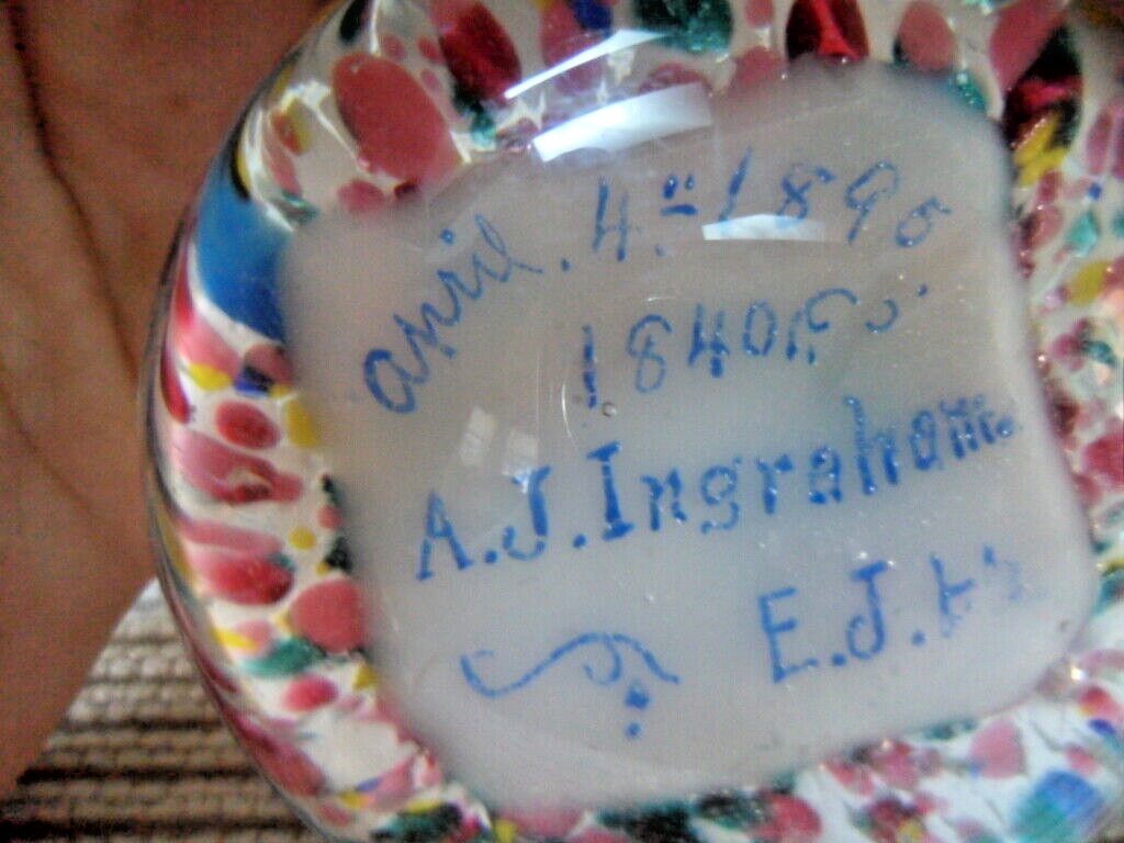 RARE 19TH c Victorian FUNERAL GLASS PAPERWEIGHT ; AJ Ingraham b.1840-Apr 4, 1895