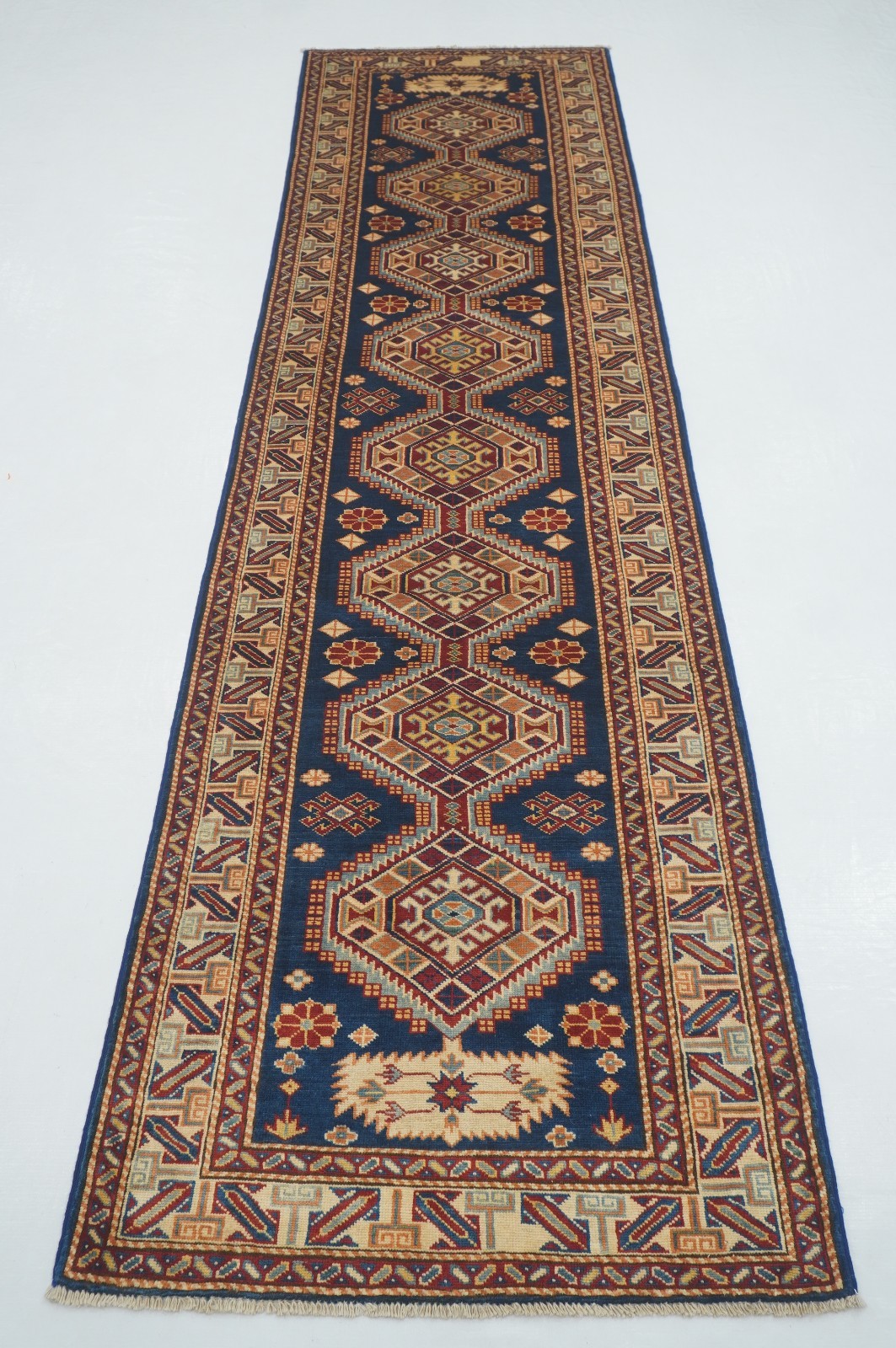 3x10 ft Blue Kazak Afghan Hand knotted Wool Runner Rug 3x10 ft Blue Kazak Afghan Hand knotted Wool Runner Rug
