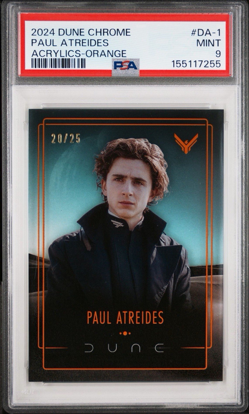 2024 Topps Chrome Dune Acrylics #DA1 Paul Atreides Orange /25 PSA 9 2024 Topps Chrome Dune Acrylics #DA1 Paul Atreides Orange /25 PSA 9