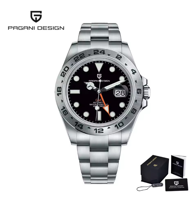 PAGANI DESIGN PD1682 Black Dial Automatic GMT Stainless Steel Luxury Watch NEW