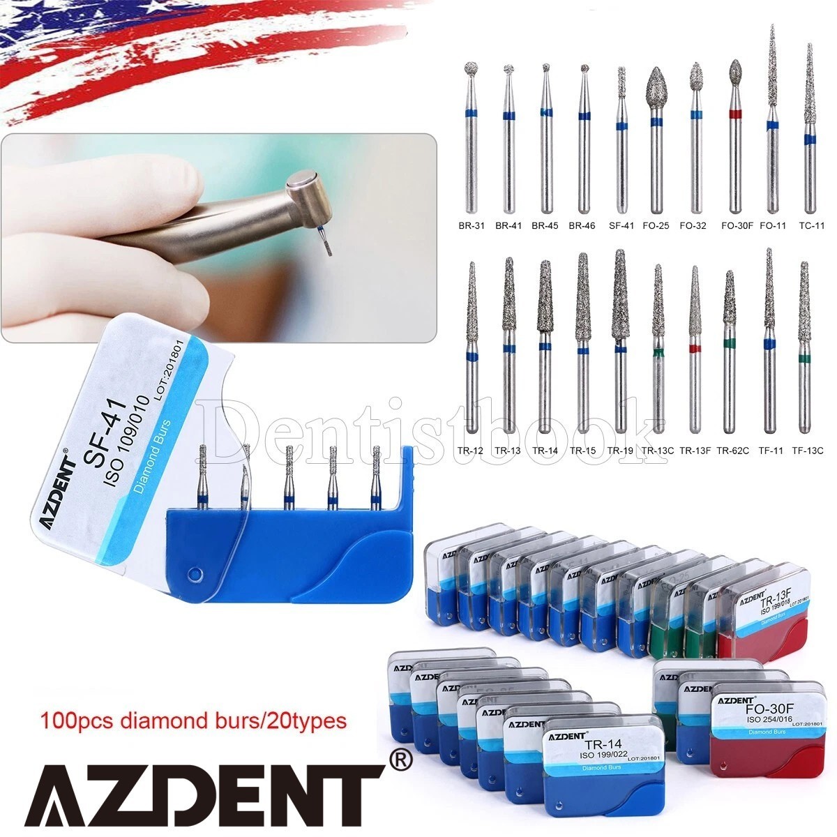 100Pcs/20Box AZDENT Dental Diamond Burs For High Speed Handpiece FG 1.6mm