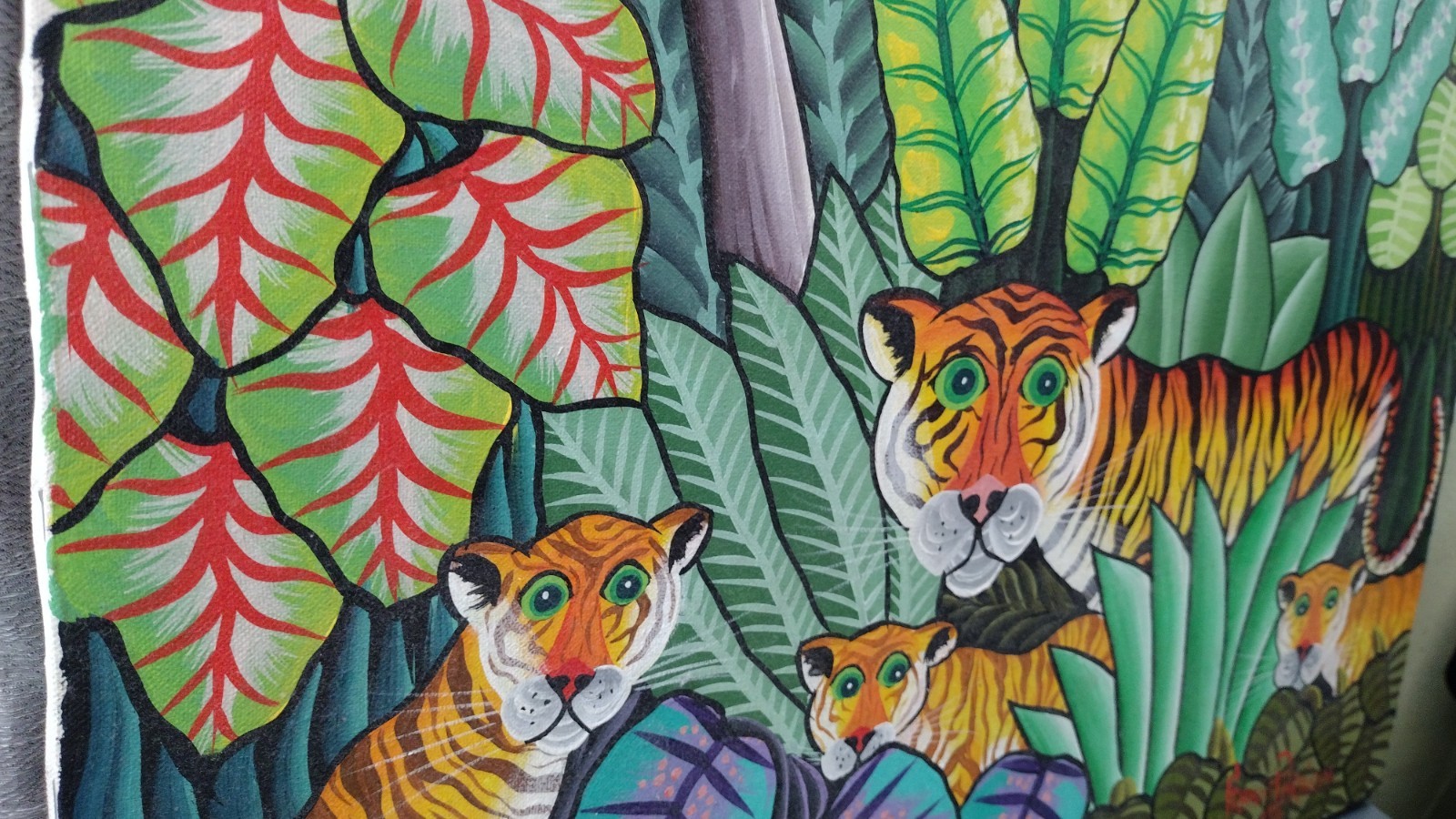 Francis Paraison painting: four tigers In jungle, Signed 1991, COLLECTIBLE