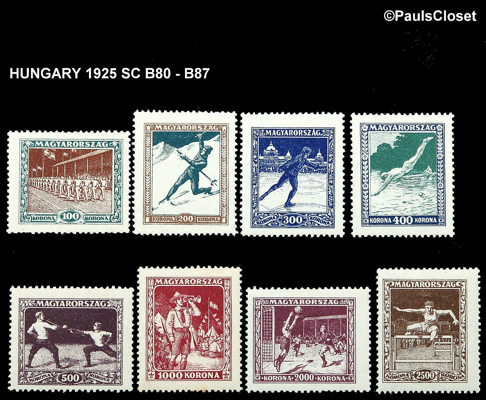 HUNGARY 1925 SC B80-B87 PARADE OF ATHLETES 1OOk - 2500k MVLH OG F/VF
