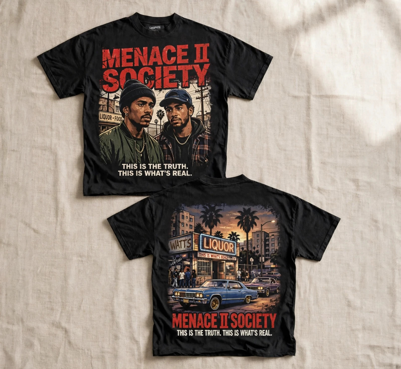 Menace II Society Vintage Graphic T-Shirt Black Tee Front Back Print Menace II Society Vintage Graphic T-Shirt Black Tee Front Back Print