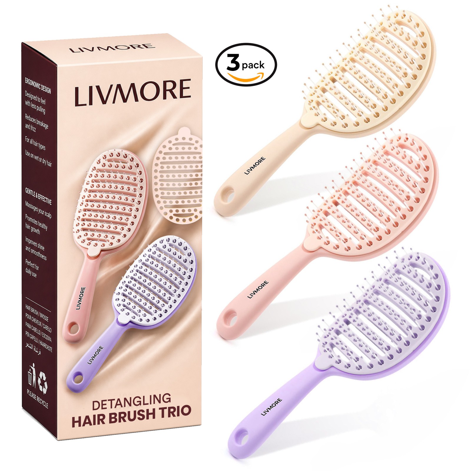 Set of 3 pcs Detangler Hair Brushes Wet Dry Hairs Pink Purple Cream Set of 3 pcs Detangler Hair Brushes Wet Dry Hairs Pink Purple Cream