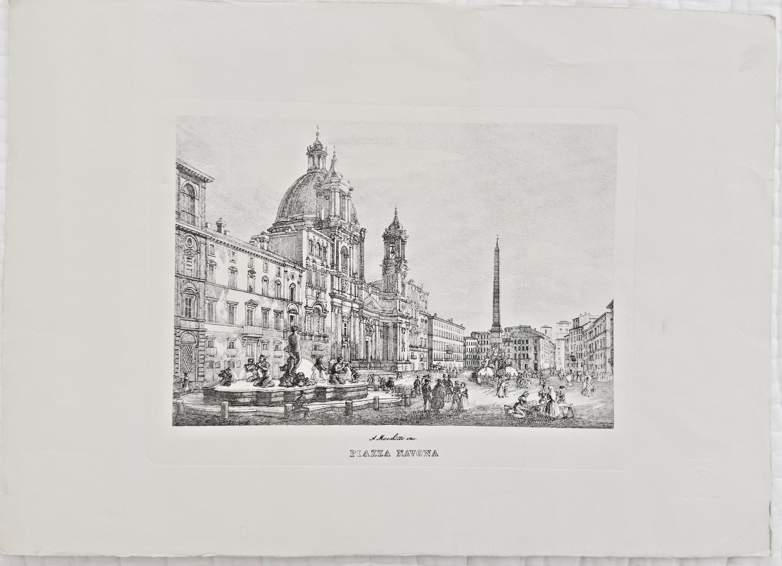 Original 19th Century Antique Print Piazza Navona Rome Blind Stamp Engraving