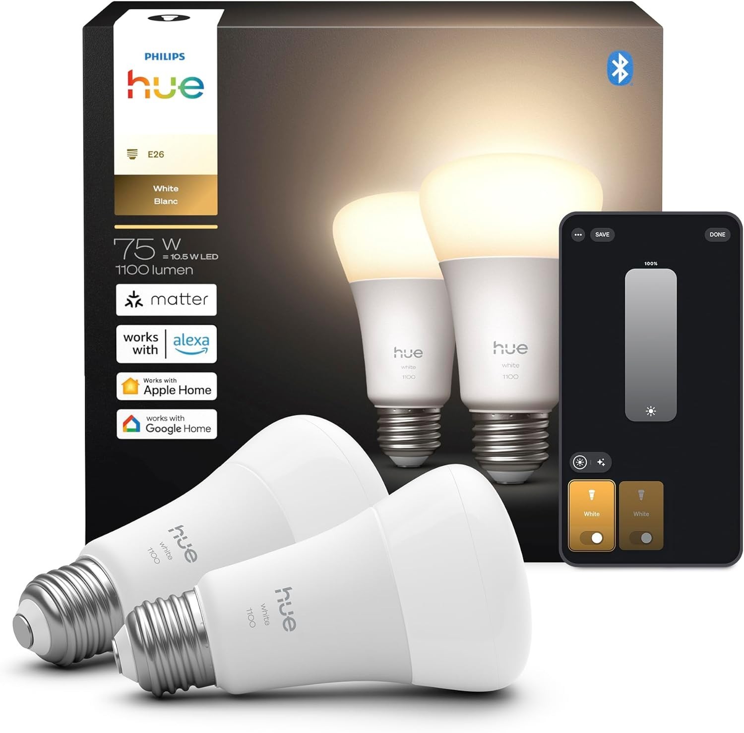 (2 - PACK) Philips Hue 9290024691A White Bluetooth 10.5W A19 1100 Lumen LED Bulb (2 - PACK) Philips Hue 9290024691A White Bluetooth 10.5W A19 1100 Lumen LED Bulb