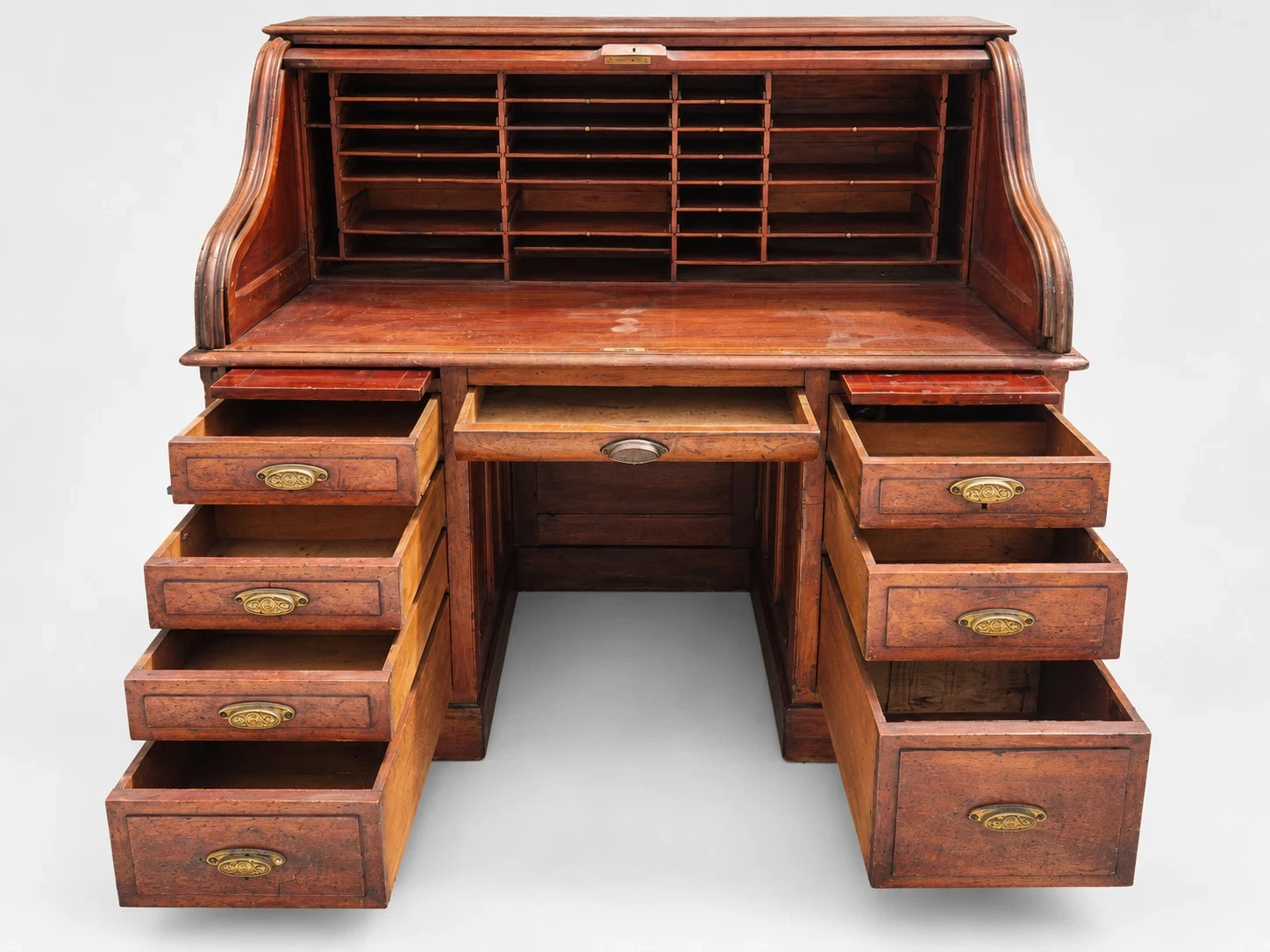Antique Victorian Roll Top Desk Executive Wood Brass Reddish Brown S Curve