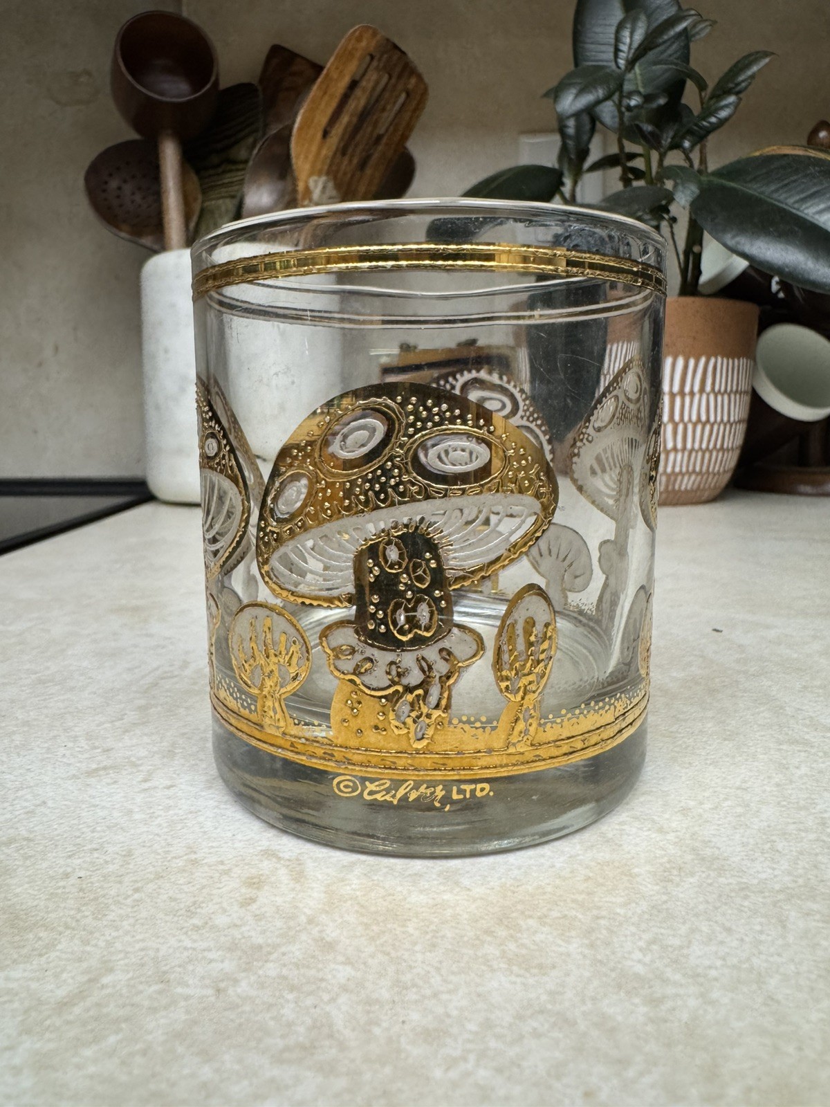 Culver Ltd 22k Gold Mushroom Lowball Cocktail Glass Vtg Mid Century MCM Signed Culver Ltd 22k Gold Mushroom Lowball Cocktail Glass Vtg Mid Century MCM Signed