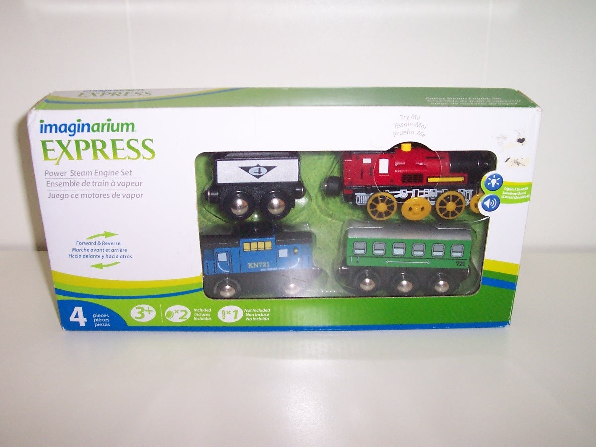 Imaginarium Wooden Train Battery Powered Forward & Reverse Steam Engine Set New