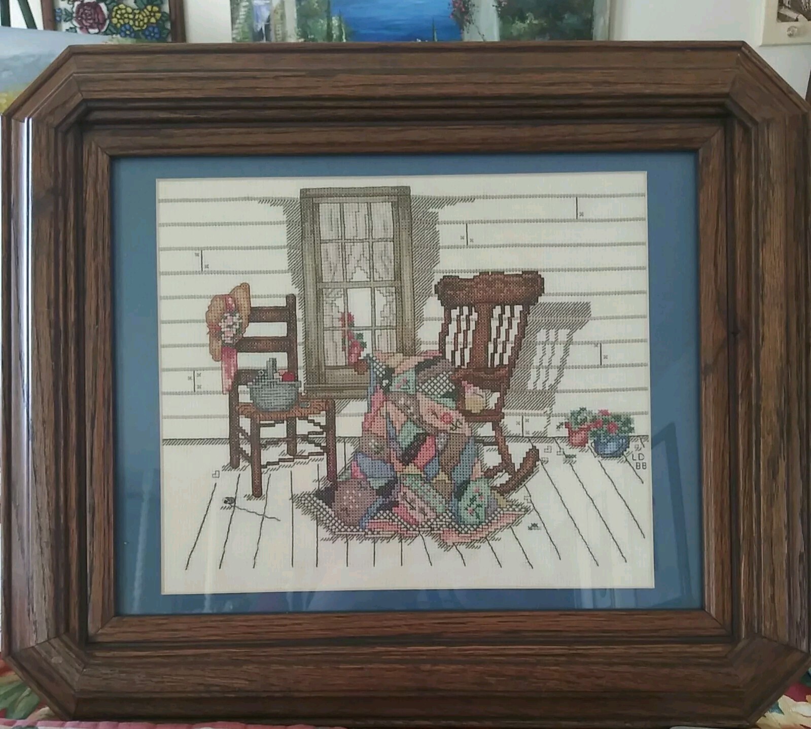 VTG 1988 Completed Needlepoint Framed Picture Porch/Rocking Chair 18.5 x 15.5