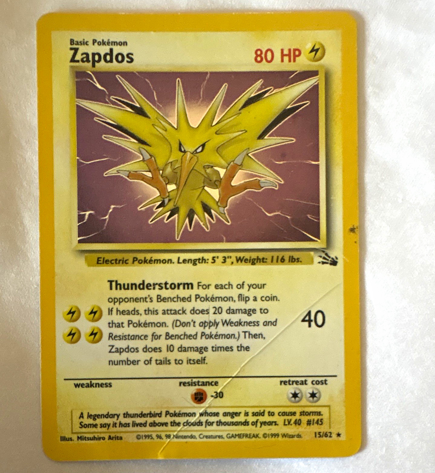 WOTC Zapdos 15/62 Fossil Holo Rare 1999 English 80 HP Unlimited WOTC Zapdos 15/62 Fossil Holo Rare 1999 English 80 HP Unlimited