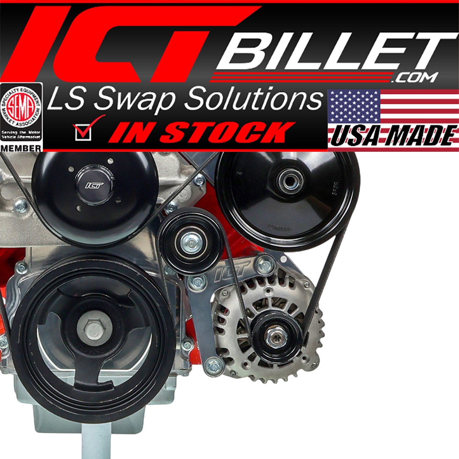 ICT Billet LS Truck - Billet Low Mount Alternator Bracket Kit w/ Pulley