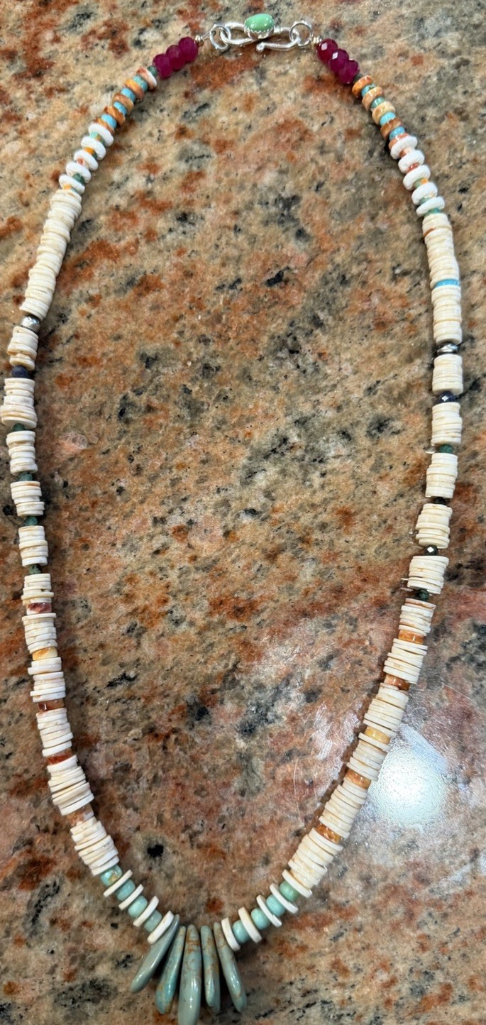 Native American Vintage Ocean Shell Necklace, Turquoise Jacla,Emeralds,Rubies