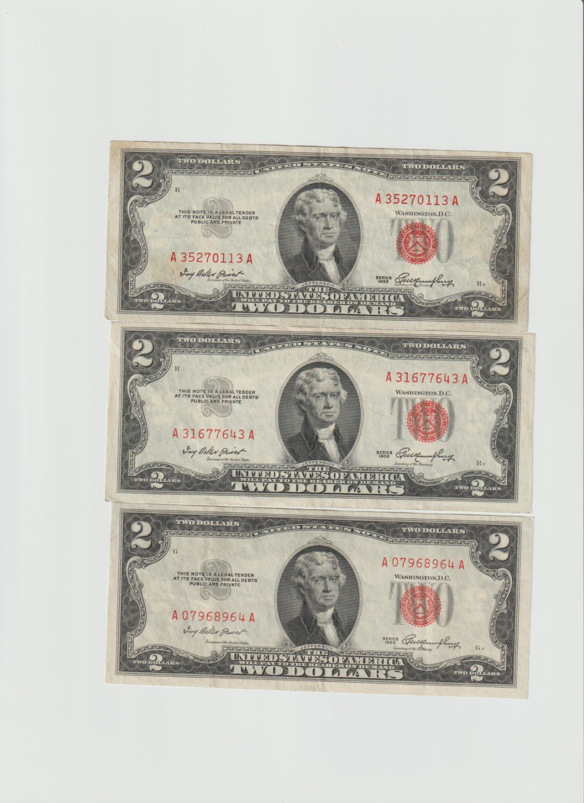 3-1953 $2 Red Seal Notes plain series in lightly circulated condition.