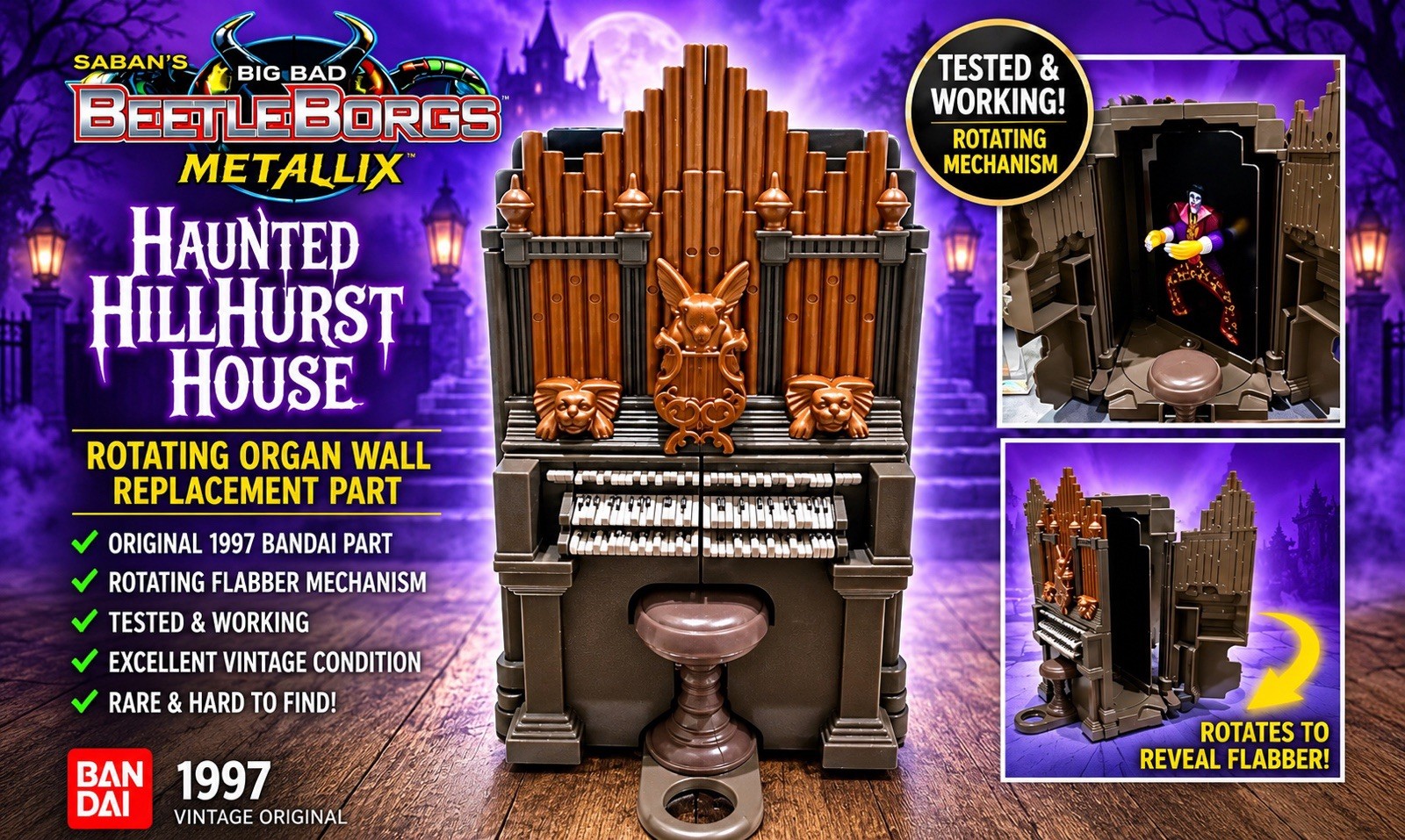 VTG 1997 Bandai Beetleborgs Haunted Hillhurst House Rotating Organ Wall WORKS