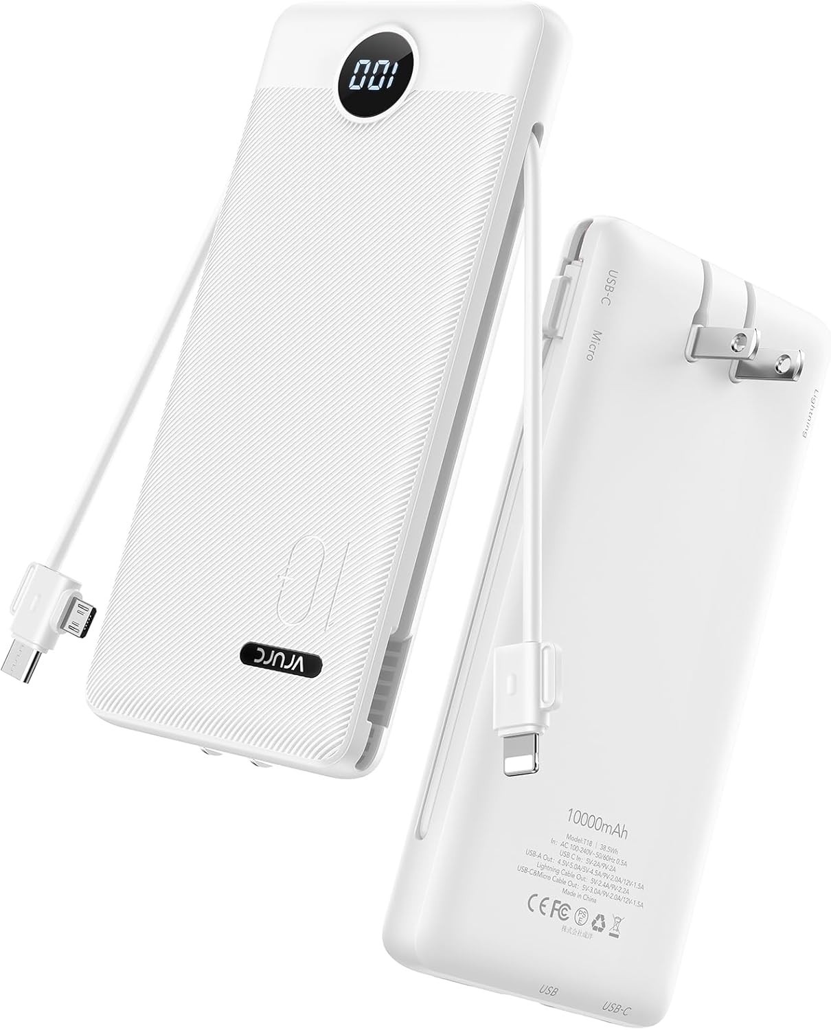Portable Charger Built-in Cables and AC Wall Plug, USB C Power Bank 10000mAh Portable Charger Built-in Cables and AC Wall Plug, USB C Power Bank 10000mAh