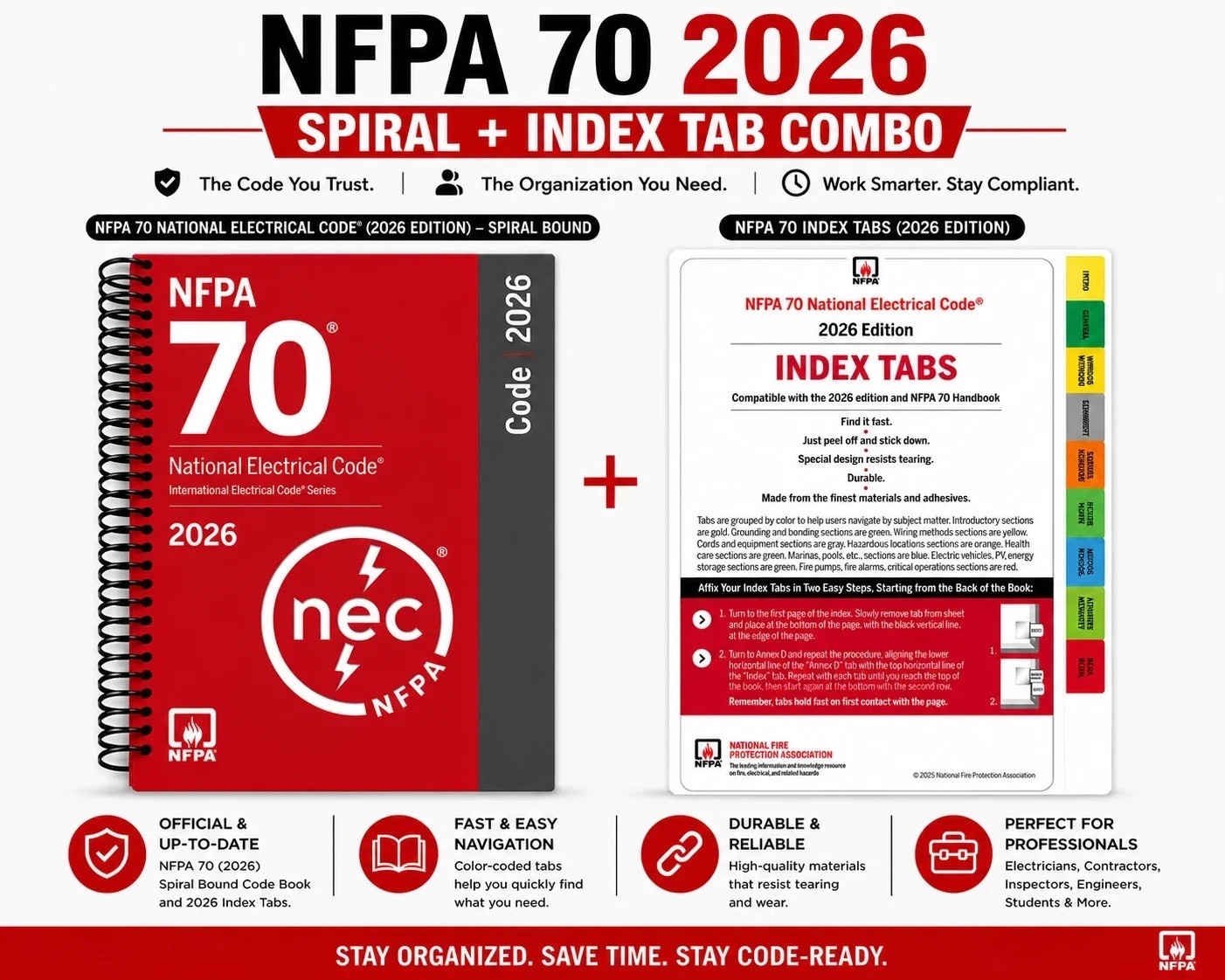NFPA 70 NEC 2026 Spiral Code Book + 2026 Index Tabs Official Combo Set NFPA 70 NEC 2026 Spiral Code Book + 2026 Index Tabs Official Combo Set