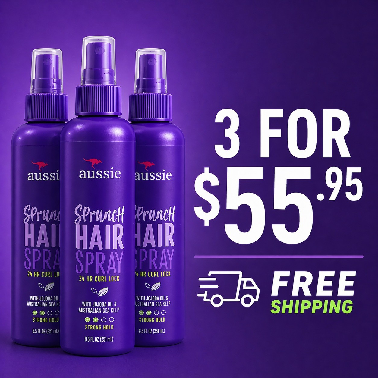 3x Aussie Sprunch Hair Spray 8.5oz Strong Hold 24Hr Curl Lock Original Formula 3x Aussie Sprunch Hair Spray 8.5oz Strong Hold 24Hr Curl Lock Original Formula