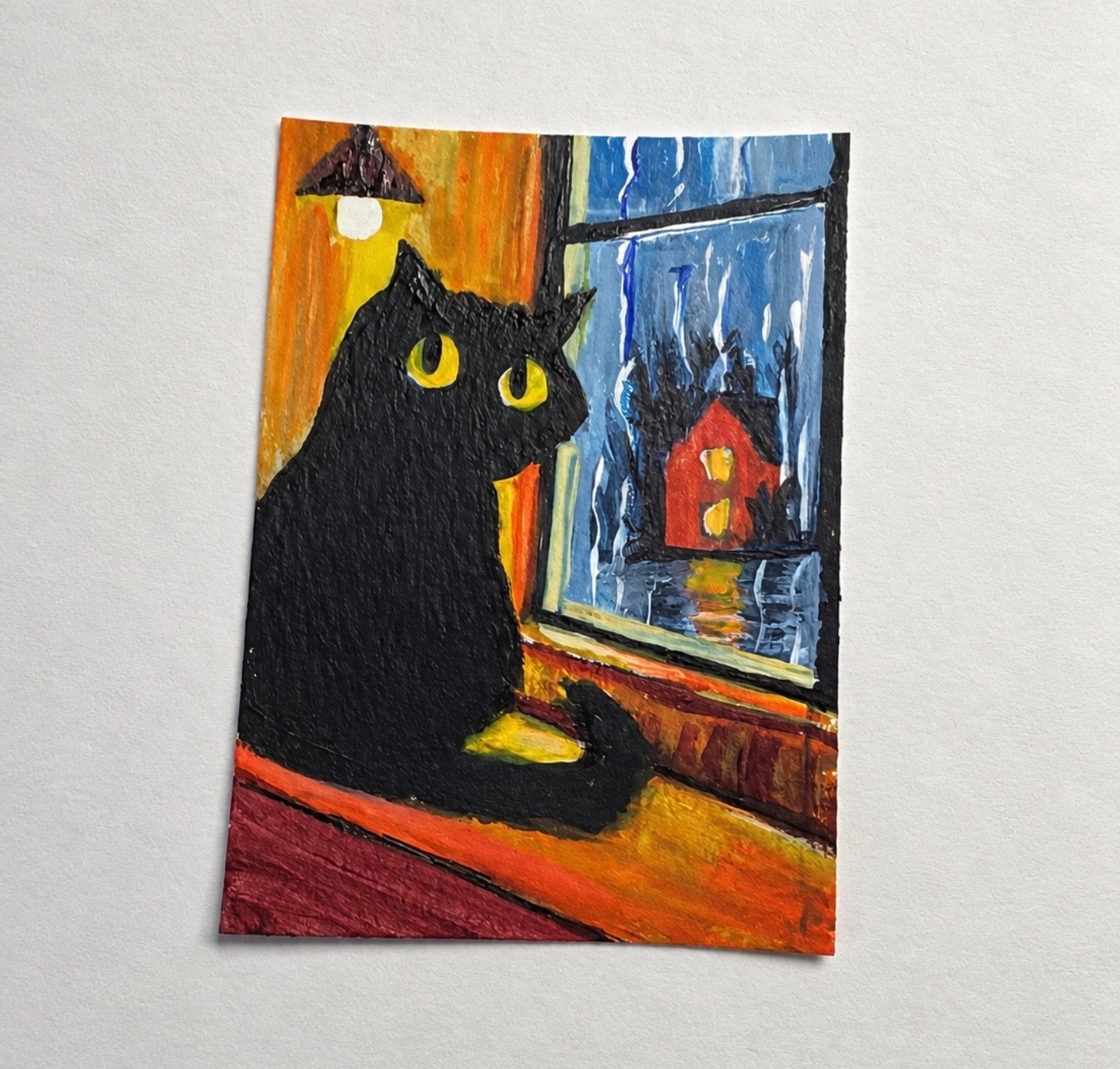 Existential Window Cat ACEO Hand Painted Original Funny Rainy Night Art