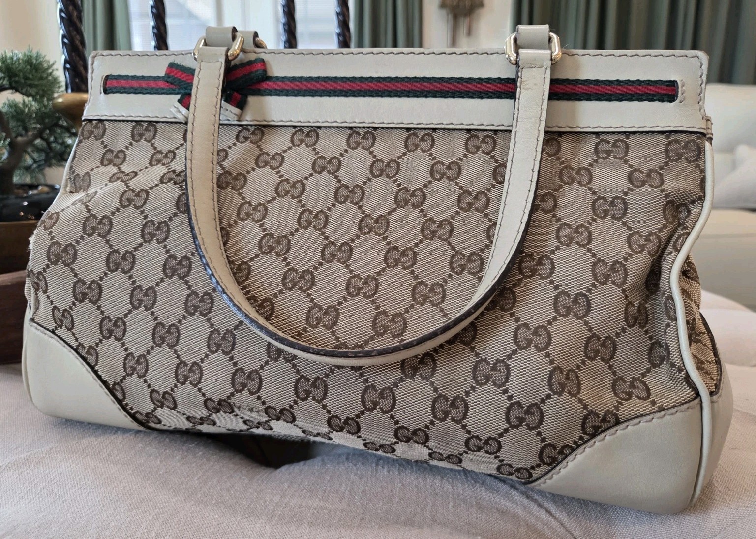 Gucci Mayfair Tote Bag GG Canvas Web Stripe Bow Shoulder Purse Vintage