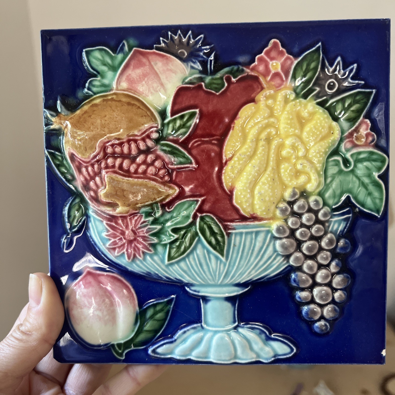 Pair Antique Japanese Danto DK Majolica Relief Tiles Fruit Basket Blue Cobalt 6”