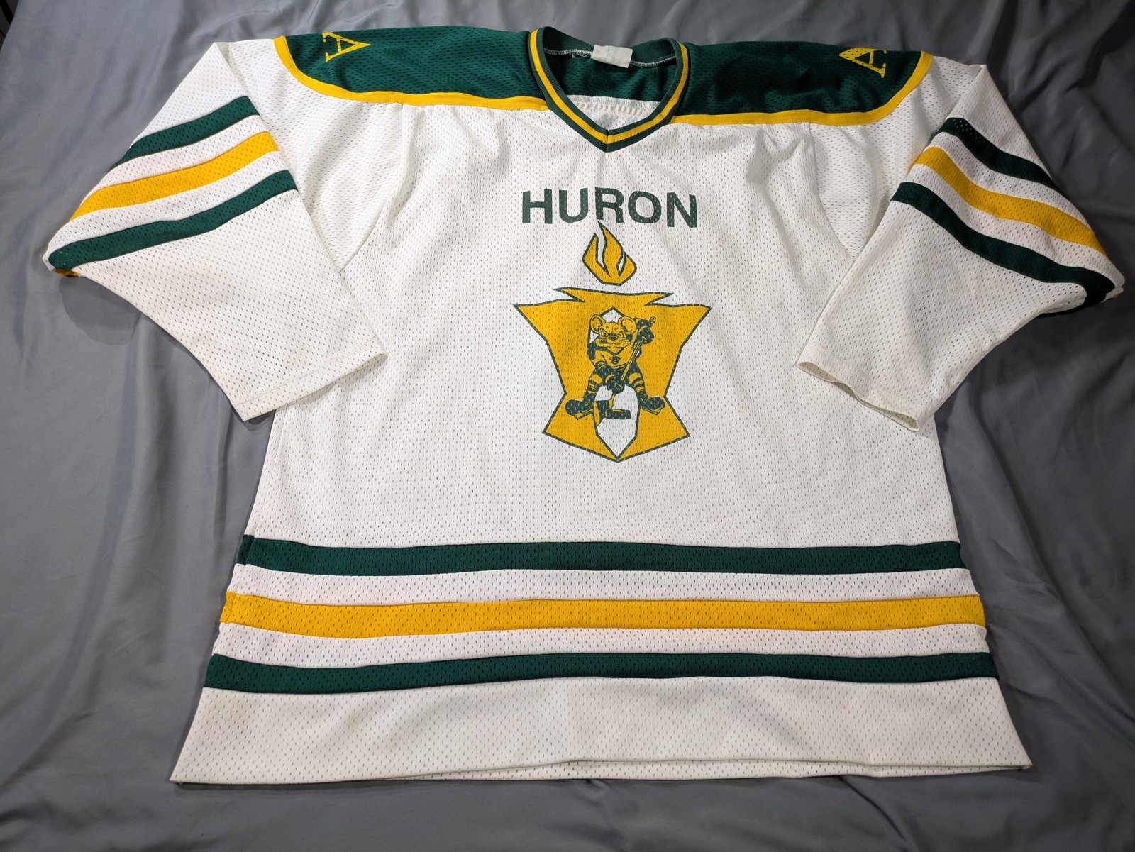 Vintage Huron High Hockey Jersey Men 60 White Green Ann Arbor Pedersons Made USA