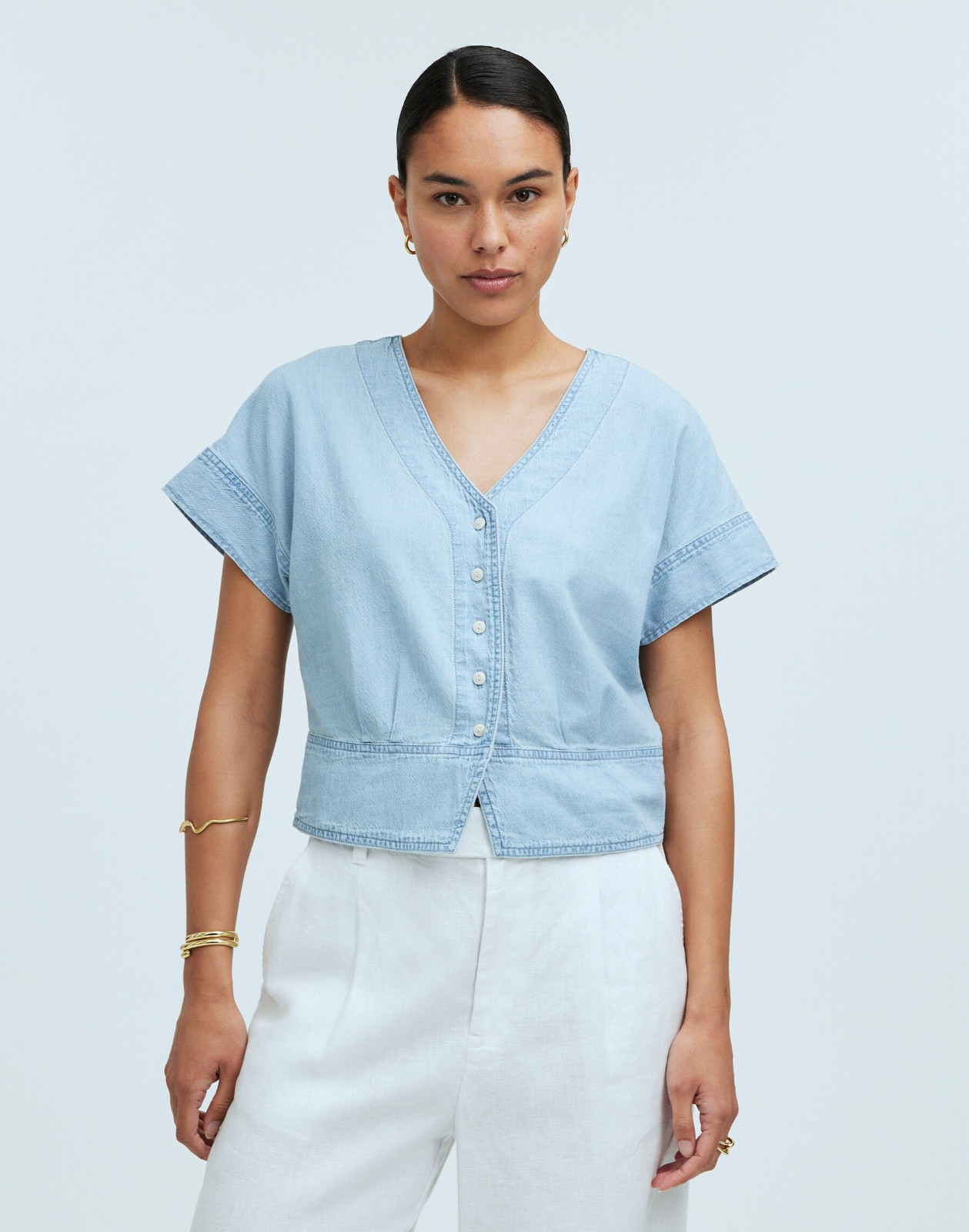 Madewell Womens XXS Chambray Pleated Short-Sleeve Top in Doral Wash NP039 2653 Madewell Womens XXS Chambray Pleated Short-Sleeve Top in Doral Wash NP039 2653