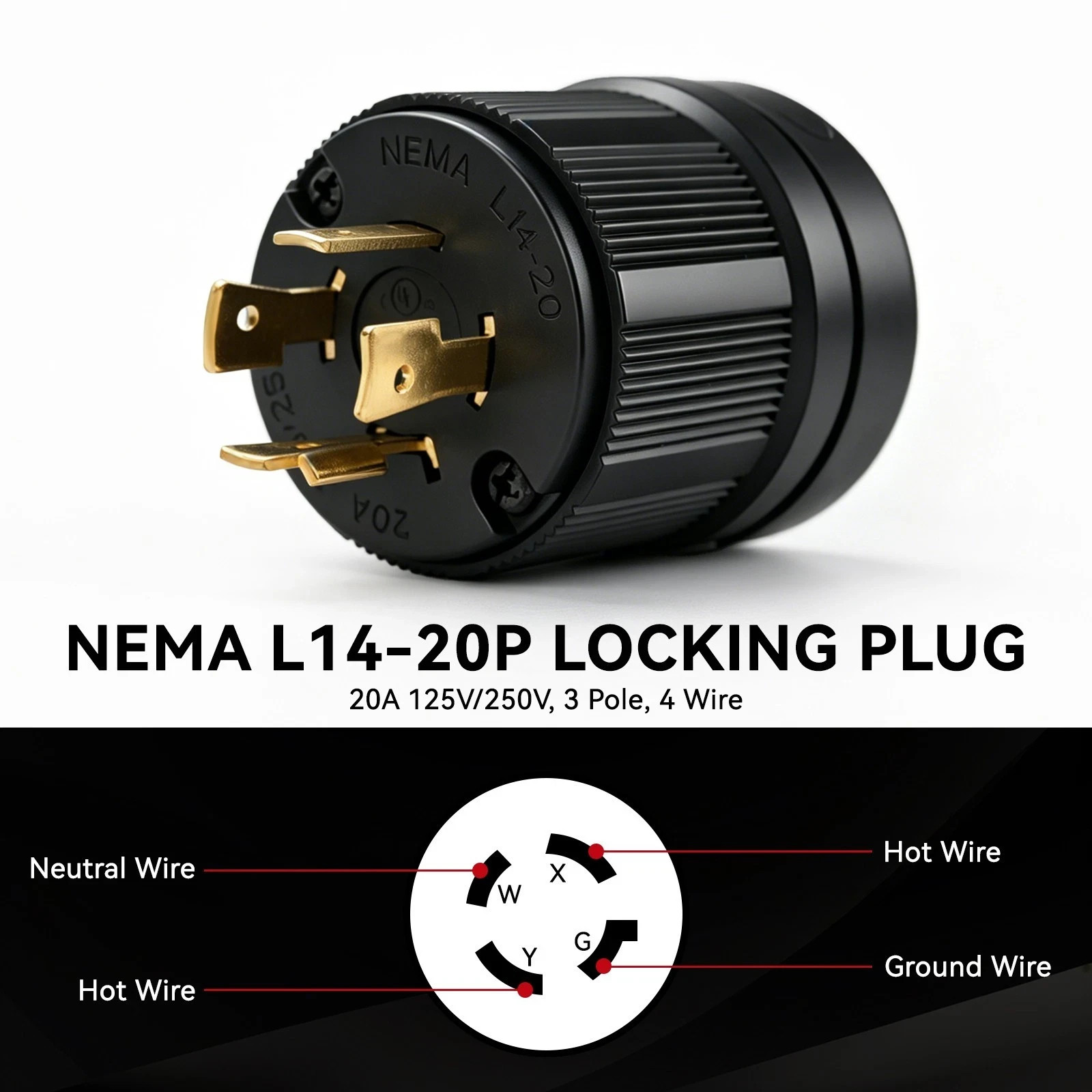 NEMA L14-20P Twist Lock Generator Plug 20A 125/250V Heavy Duty Male Connector