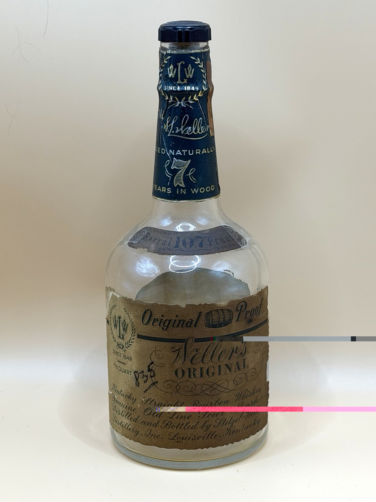 Vintage Weller\'s Original Barrel 107 Proof “EMPTY” Bottle 7 Year Old 4/5 Quart