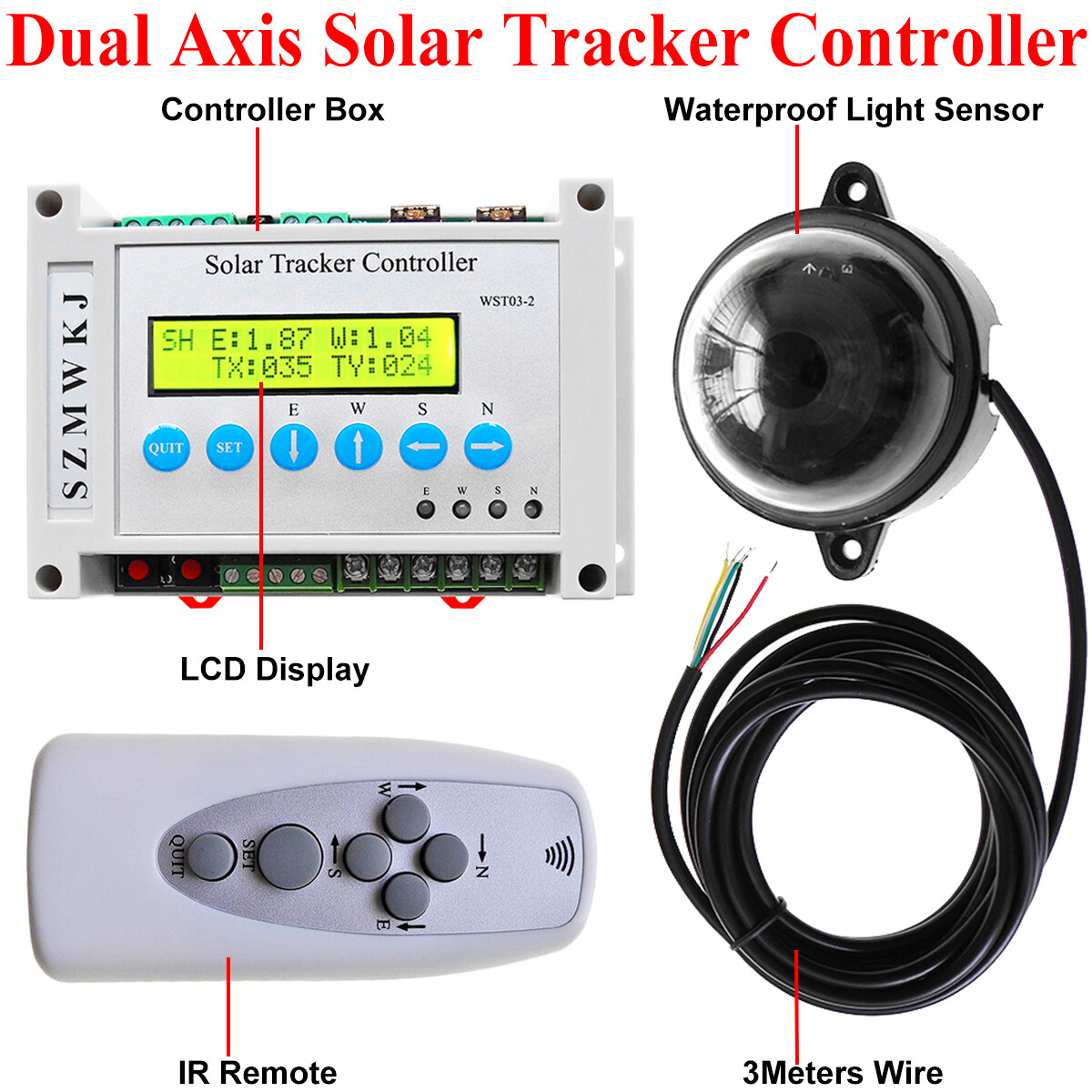 6000N Dual Axis Solar Panel Tracker Controller W/ Linear Actuator Anemometer Kit