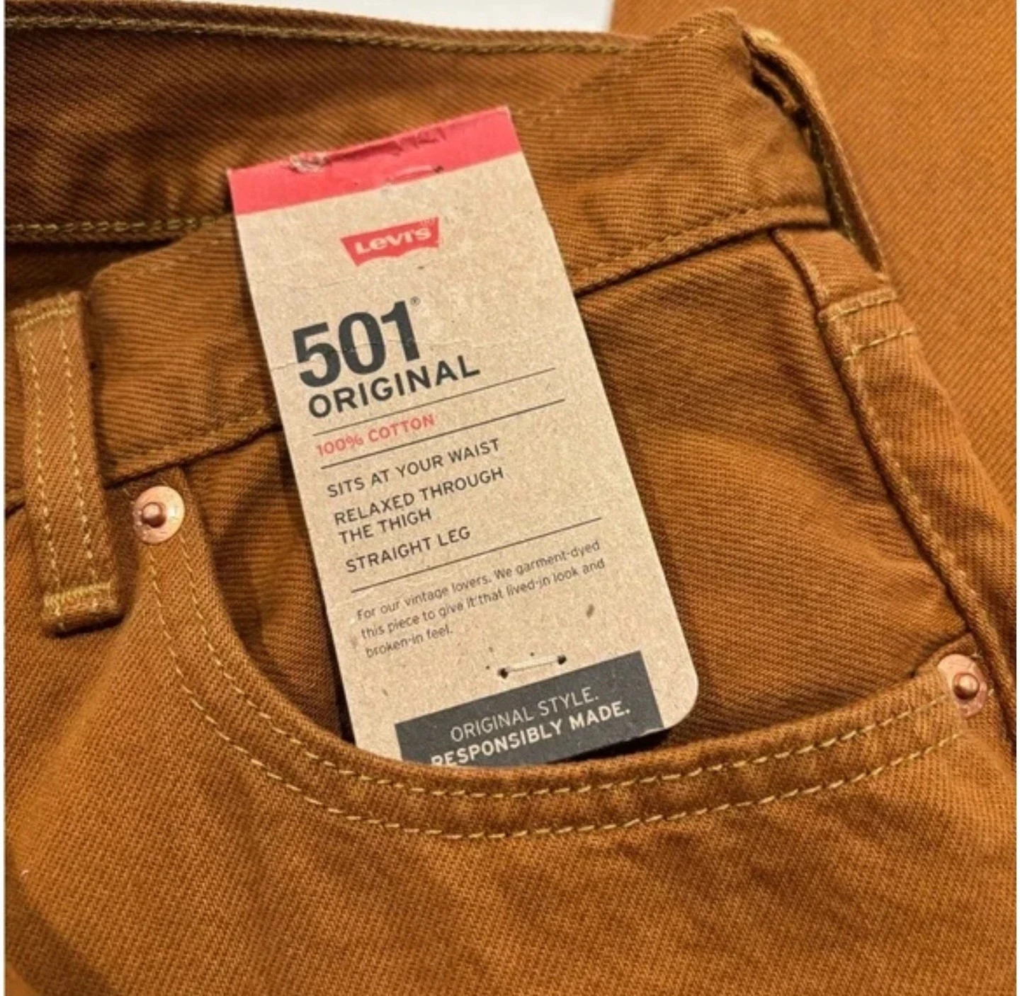 NWT Levi\'s 501 Original Men\'s Jeans Straight Leg Button Fly Mustard Brown