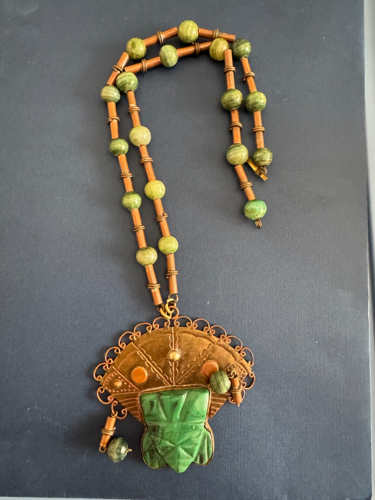 Vintage Casa Maya Mexico Handmade Copper Brass Green Onyx Statement Necklace 5.0