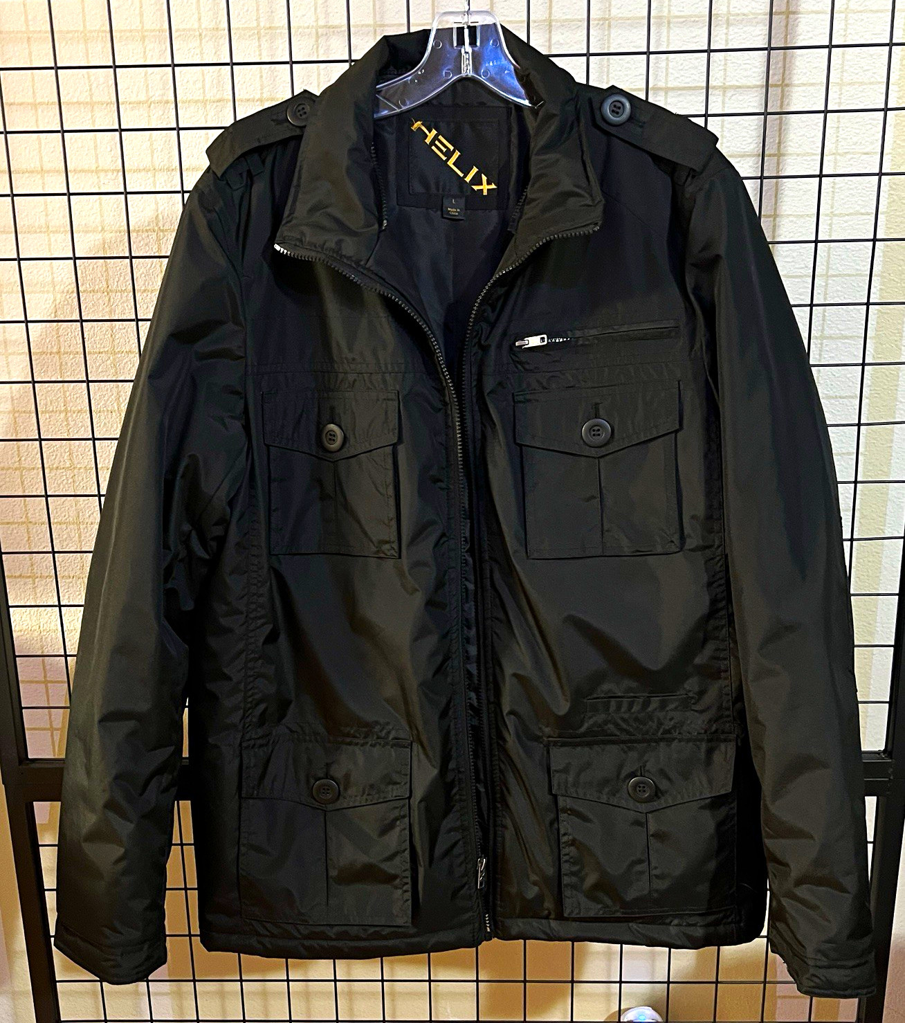 HELIX Men\'s Black Military Jacket L Full Zip/Button Stand-Up Collar Pockets