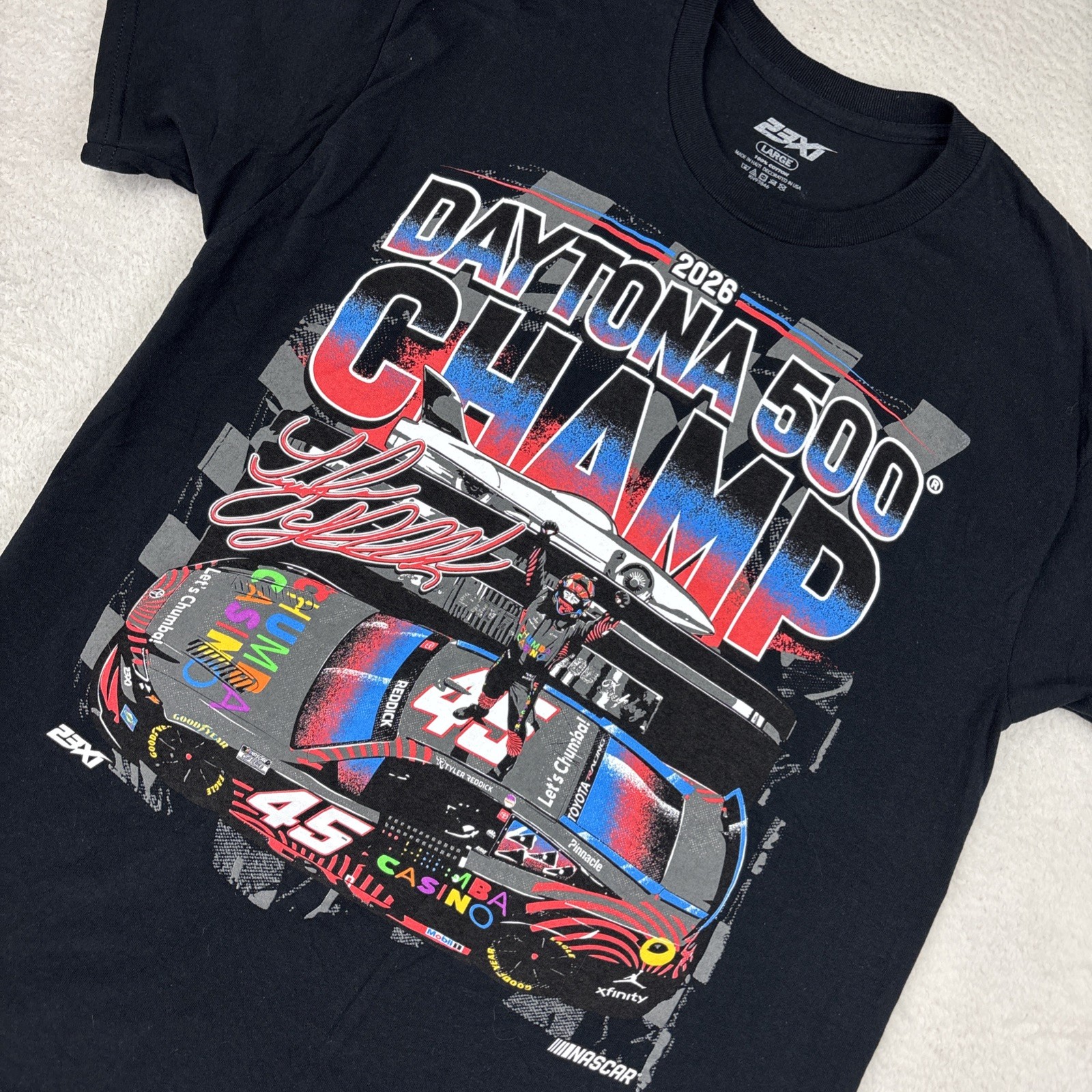 NASCAR Tyler Reddick 2026 Daytona 500 Champ T-Shirt Large Black 23XI Racing Tee