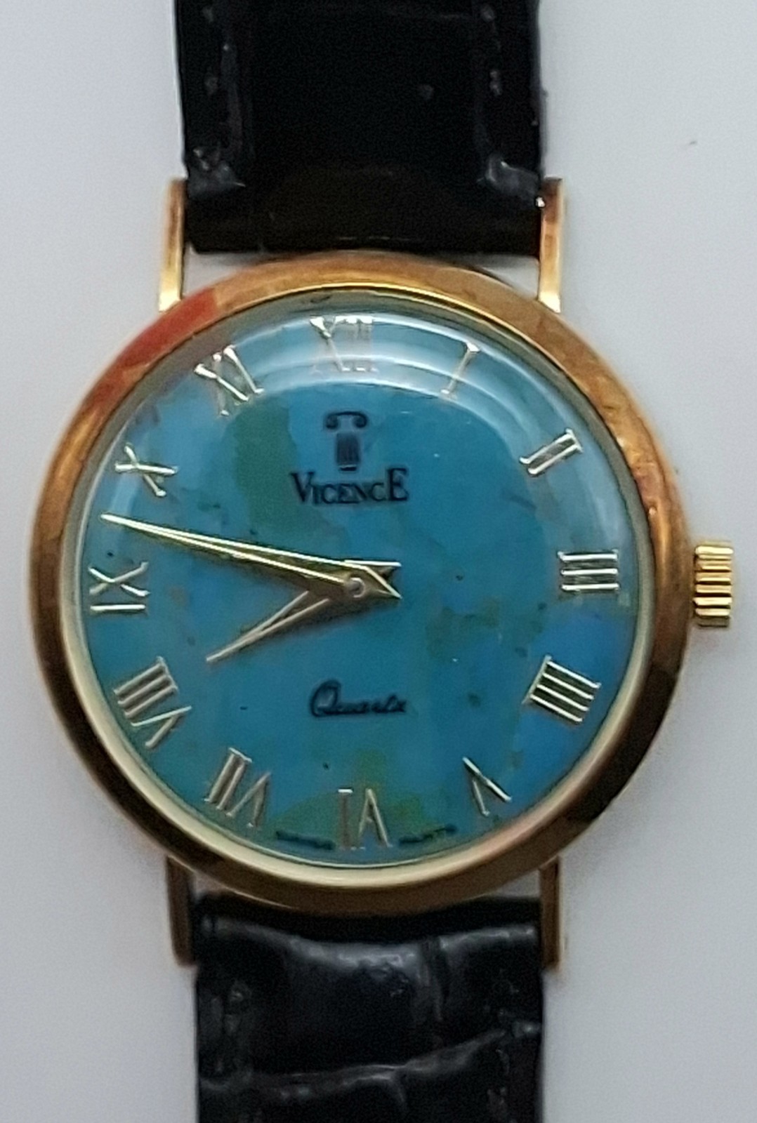 Lot Q1 Womens Works Vicence 14K Gold Turquoise Quartz Italy Vintage Watch