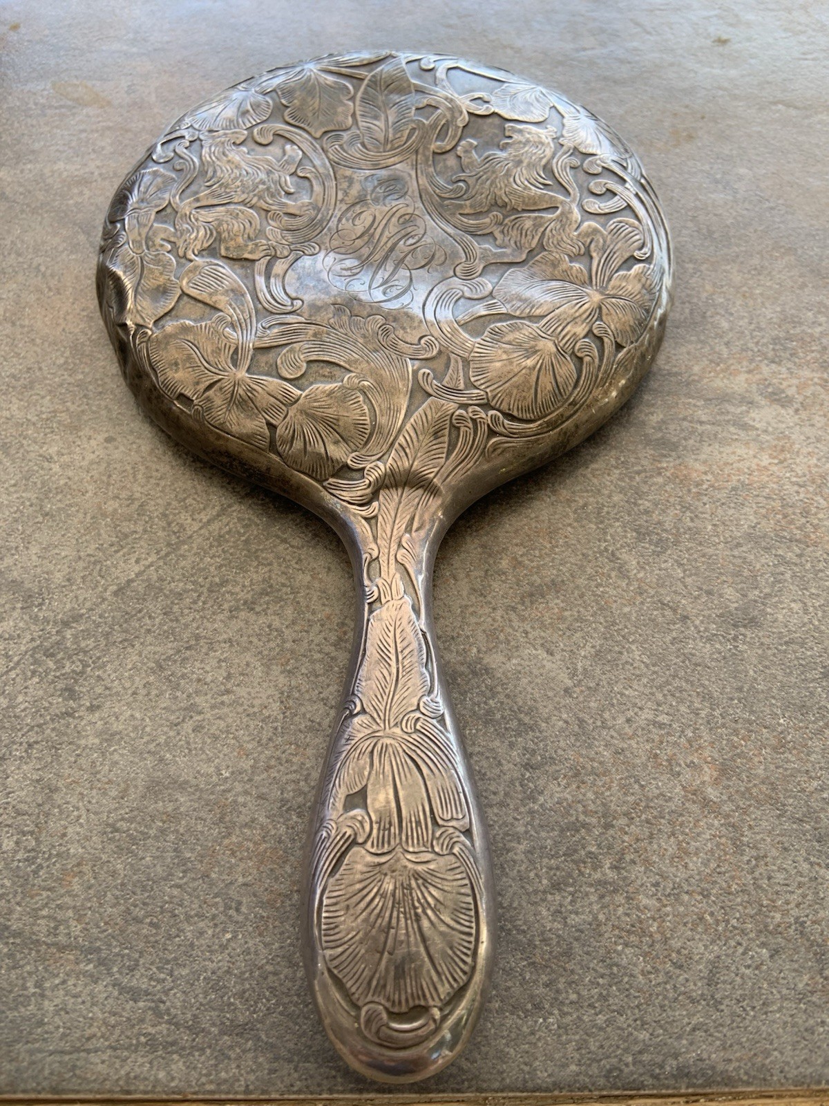Antique Sterling Silver 925 Floral & Lion Engraved Hand Mirror Monogram EMB 9 in Antique Sterling Silver 925 Floral & Lion Engraved Hand Mirror Monogram EMB 9 in