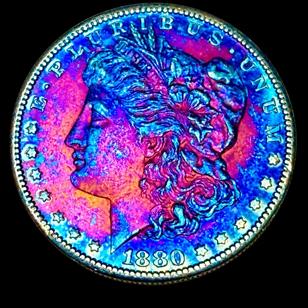 Morgan Silver Dollar 1880 S Monster Rainbow Toning Uncirculated 90% Silver Coin