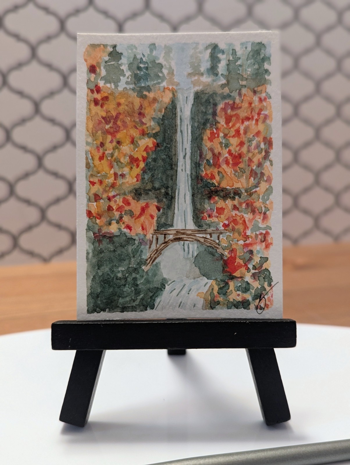 Original Signed Watercolor Landscape Painting Waterfall Bridge, Unframed Original Signed Watercolor Landscape Painting Waterfall Bridge, Unframed