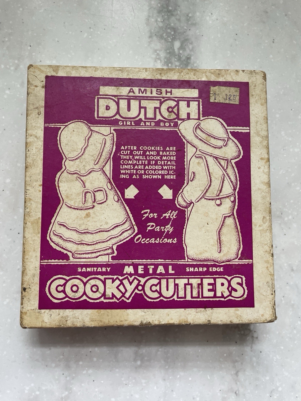 Vintage Amish Dutch Boy & Girl Metal Cooky Cutters in Orignal box, 6 Vintage Amish Dutch Boy & Girl Metal Cooky Cutters in Orignal box, 6
